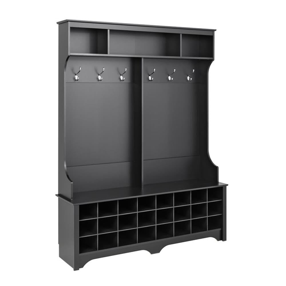 Prepac Black Hall Tree Entryway Storage Cabinet - 24 Shoe Cubbies & 6 Double Coat Hooks - 15.5
