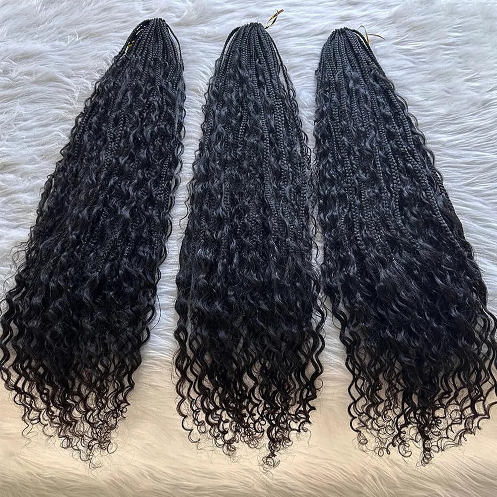 Pre-Looped Crochet Boho Box Braids with Human Hair Curls & Curly Ends - 18 Inch Goddess Box Braids for Black Women (2 Packs, 80 Strands, Natural Color) | Perfect for Protective Styling, Everyday Wear & Special Occasions