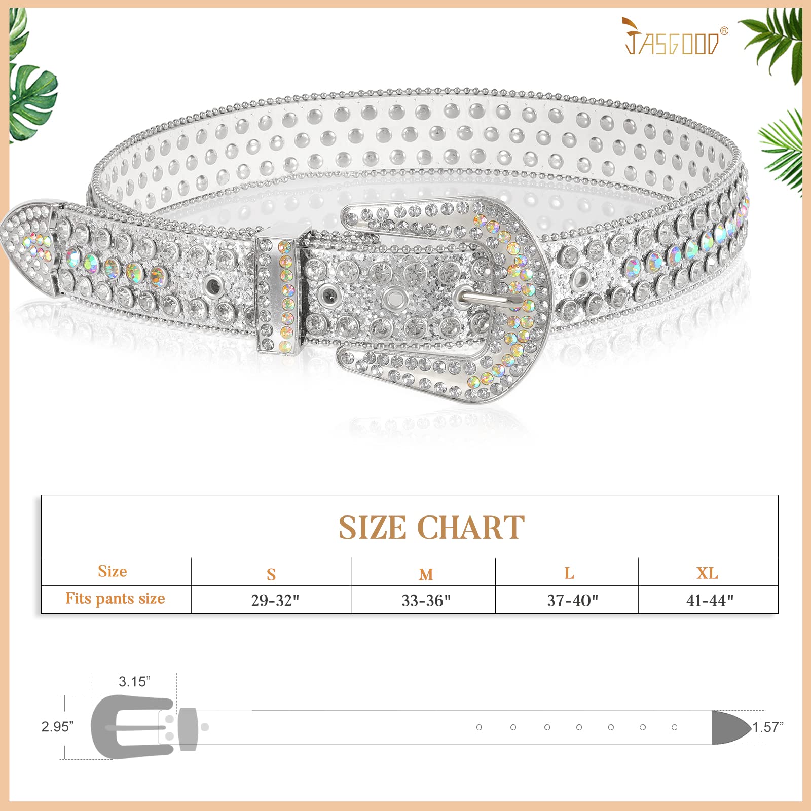 JASGOOD Rhinestone Belt for Women & Men - Bling Western Cowgirl Cowboy Studded Leather Belt with Diamonds - Stylish Waist Belt for Jeans, Pants - Perfect for Country Concerts, Rodeos & Western Fashion