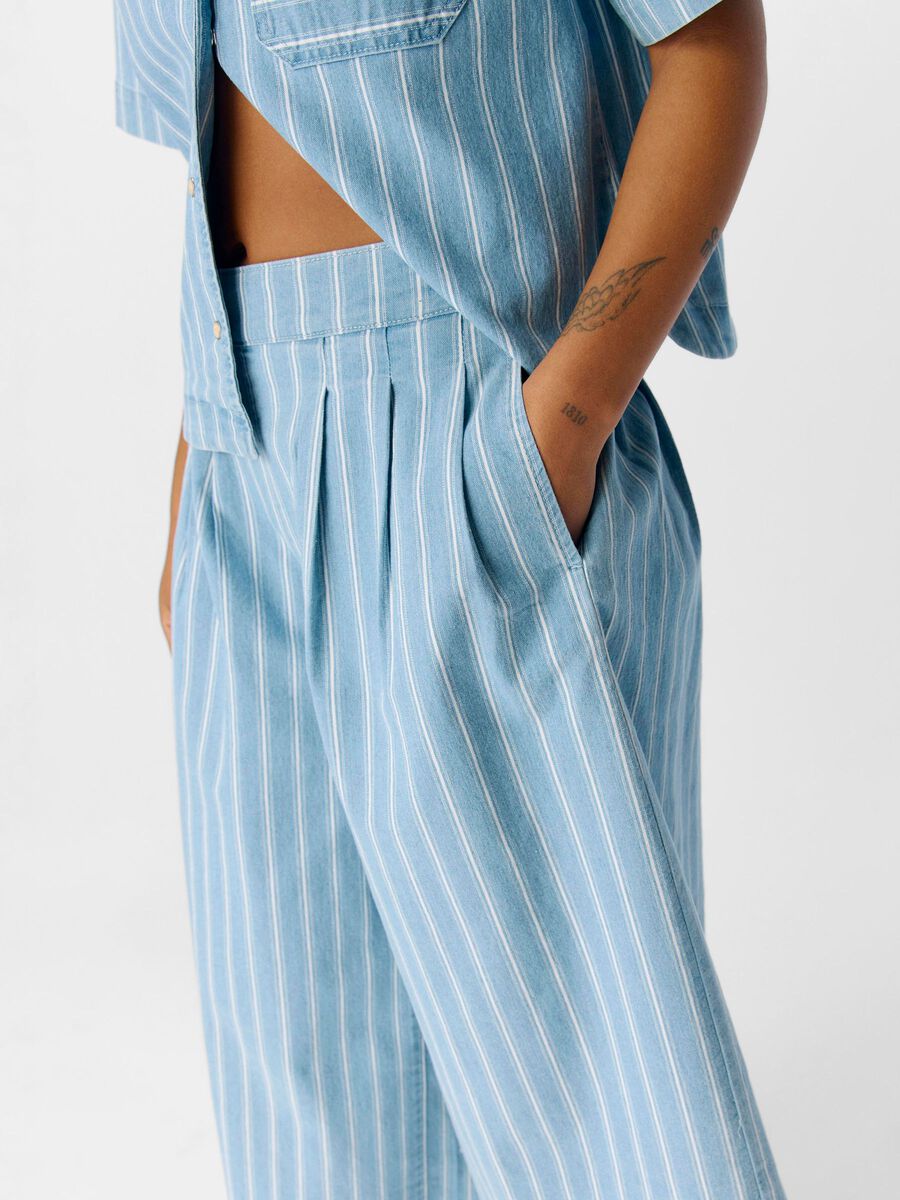 Celeste Culotte Jeans for Women - Light Blue & White Striped High Waist Wide Leg Pants - Casual Summer Outfit for Beach, Travel and Street Style