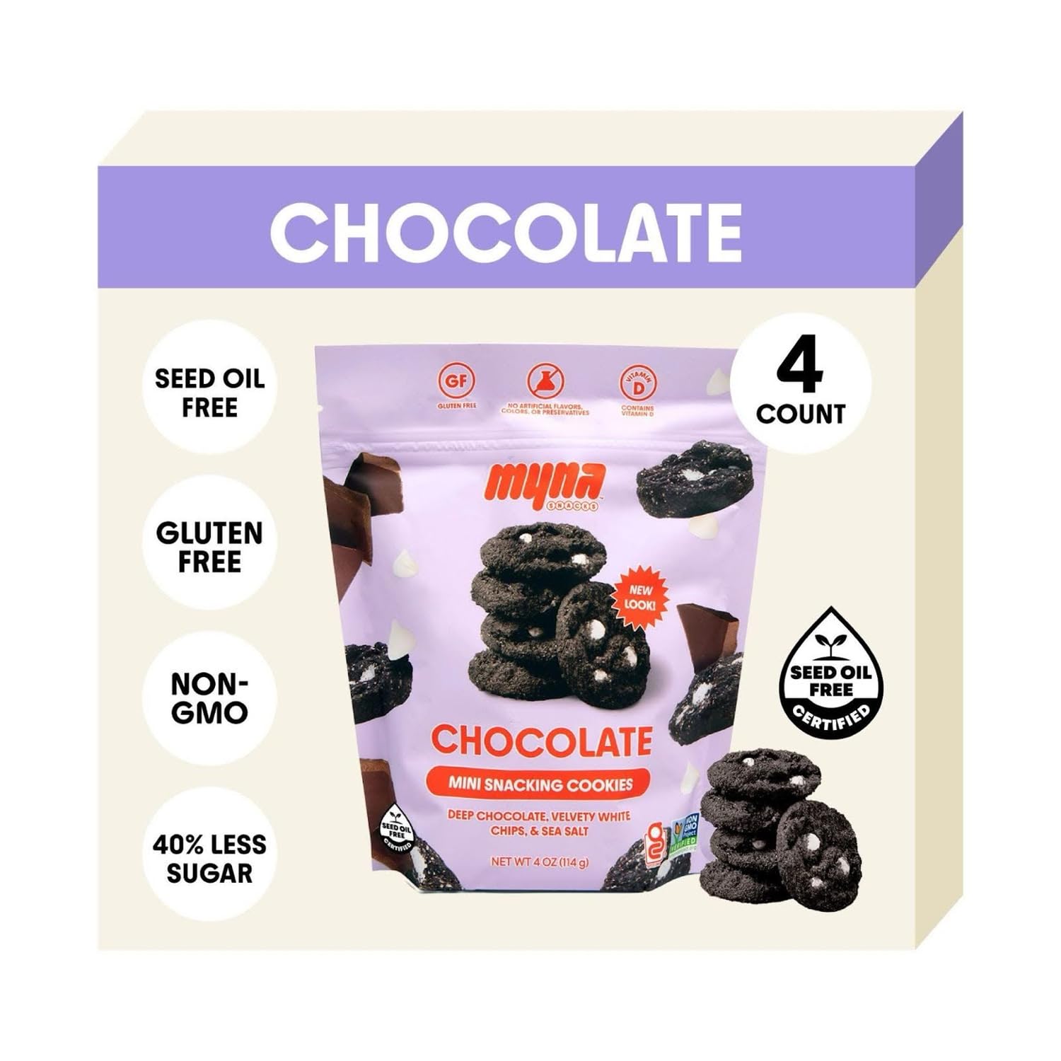 Myna Snacks Midnight Mini Cookies - Gluten Free Dairy Free Chocolate Cookies with White Chips - Healthy Vegan Snacks No Artificial Ingredients - 16oz (4 Pack) - Perfect for Late Night Cravings, Office Snacks & School Lunches