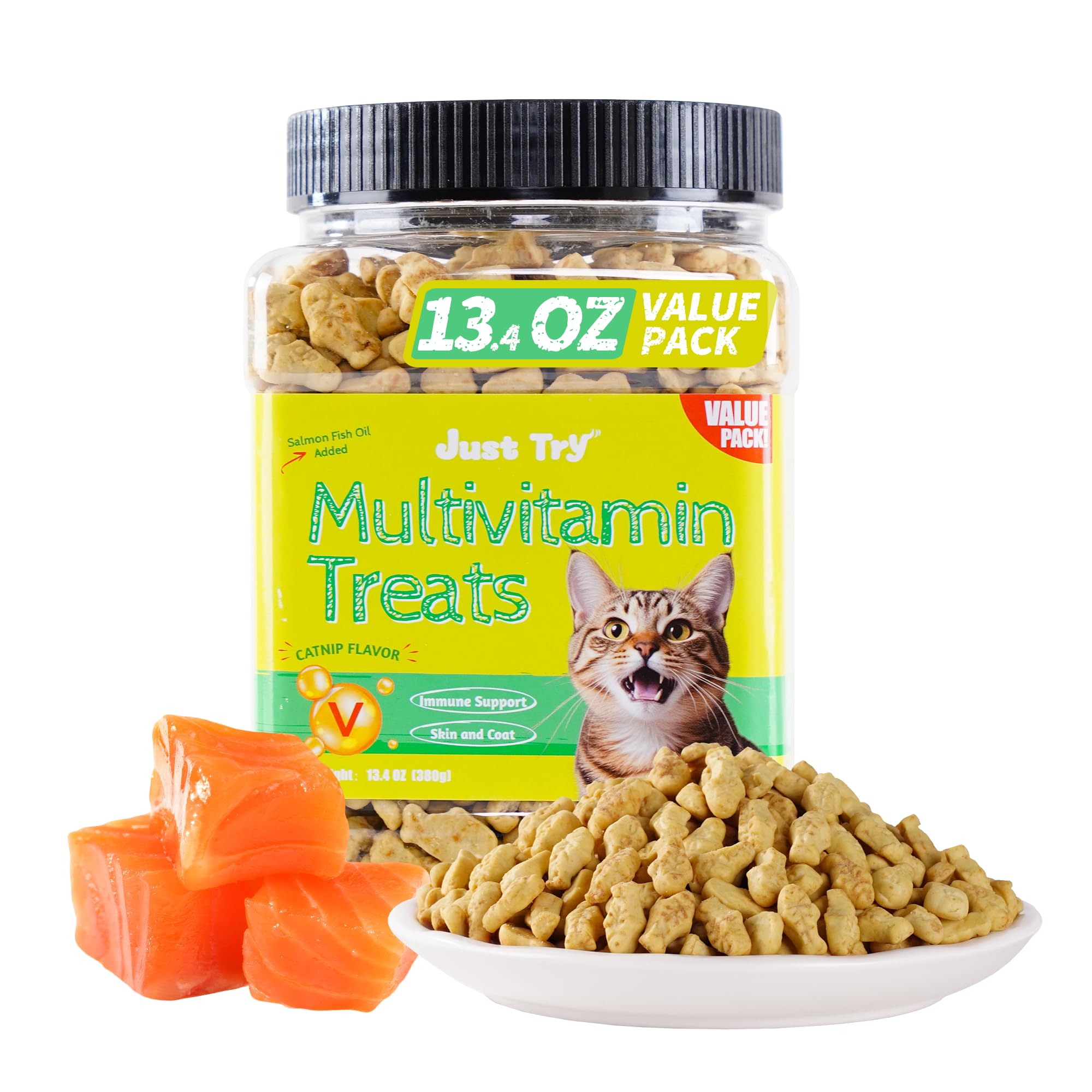 13.4oz Cat Multivitamin Crunchy Chew Treats - Immune Support, Joint Health, Skin & Coat Care, Digestive Aid - Vitamin Enriched Cat Snacks for Adult & Senior Cats - Perfect for Daily Rewards and Training