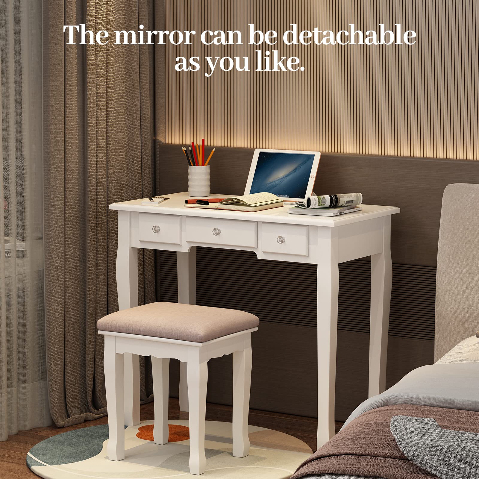 White Vanity Table with Lights & 5 Drawers - 360° Rotating Mirror Makeup Vanity Set for Bedroom, Dressing Room & Beauty Salon | LED Illuminated Vanity Desk with Storage