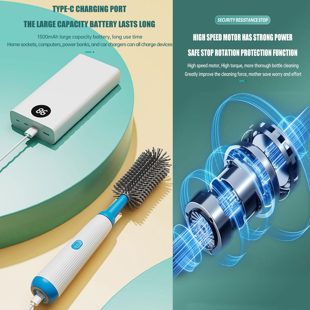 Honboom Rechargeable Electric Bottle Brush Set - Waterproof 2-Speed Baby Bottle Cleaner with Nipple Brush for Pacifiers, Straws & Travel Bottles | Perfect for Baby Care, Travel & Home Cleaning (Blue)