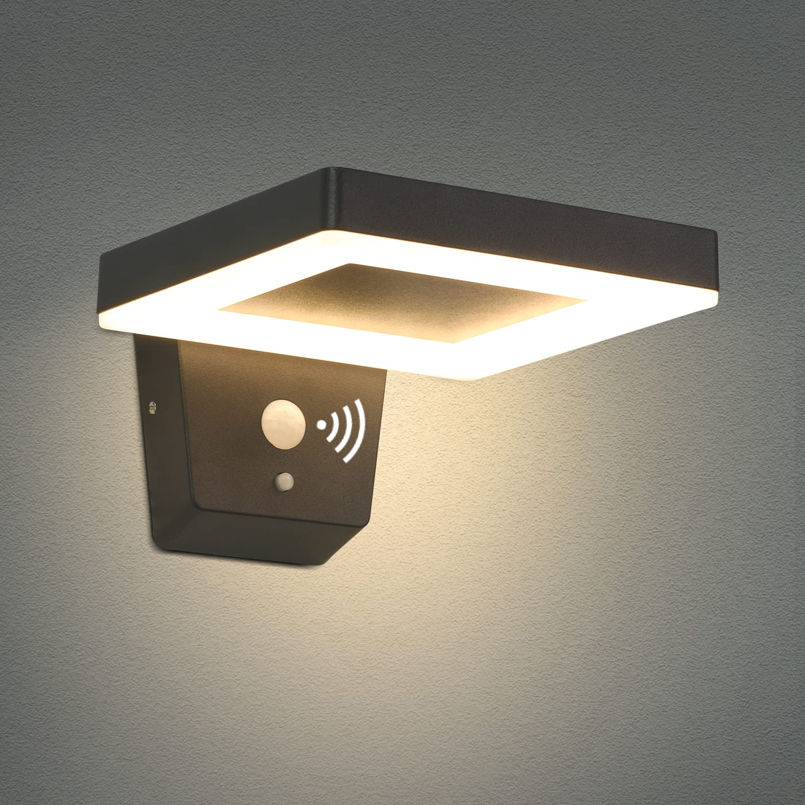 Lustrlach Solar Motion Sensor Outdoor Wall Light - Black LED Waterproof Wireless Solar Sconce for Porch, Patio, Garage & House - Square Modern Design - Energy Efficient Dusk to Dawn Lighting - Perfect for Pathway, Entryway & Backyard Security
