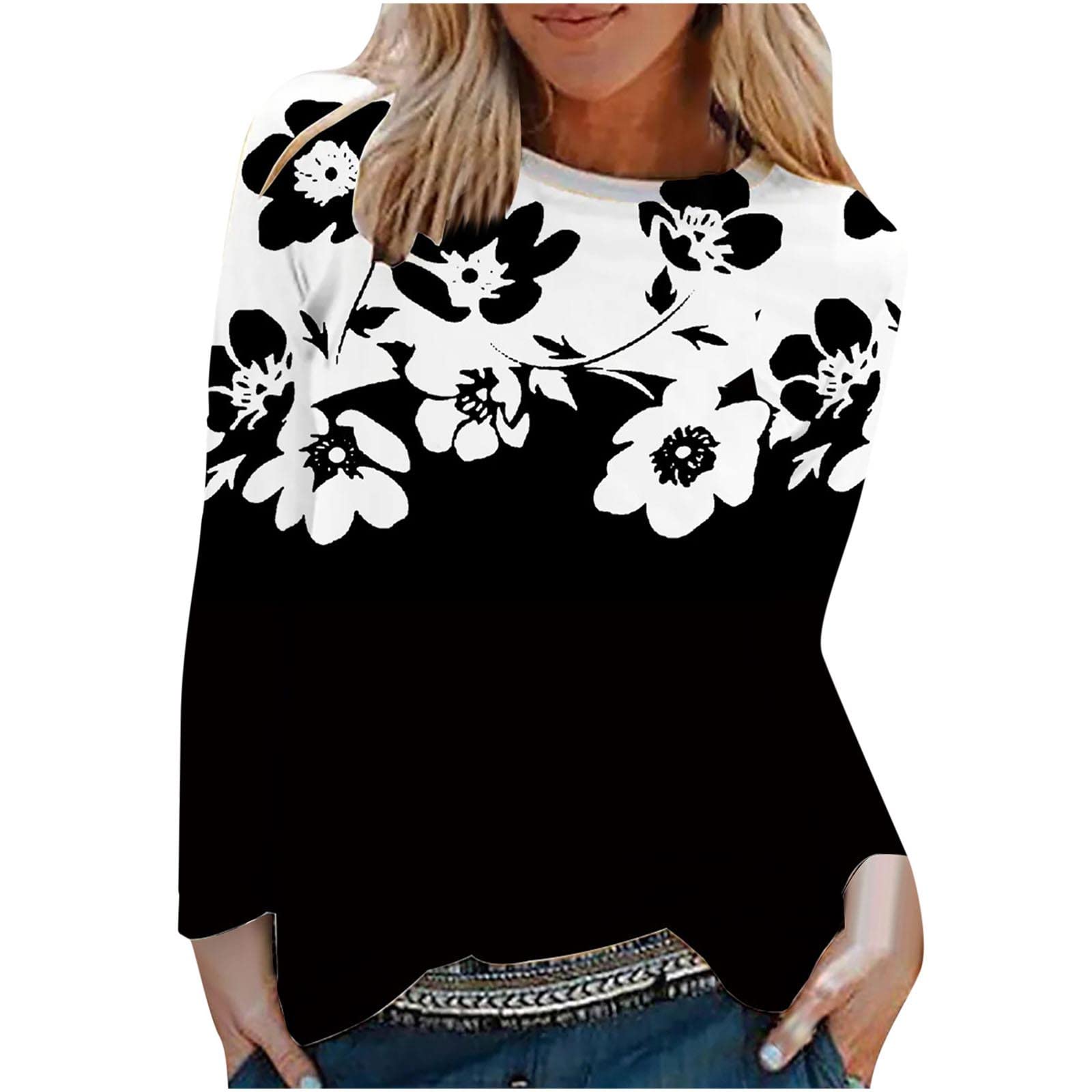 Women's Long Sleeve Fall Tops - Casual Printed Crew Neck Shirts, Loose Fit Lightweight Blouses for Autumn | Perfect for Work, Date Night & Weekend Outings