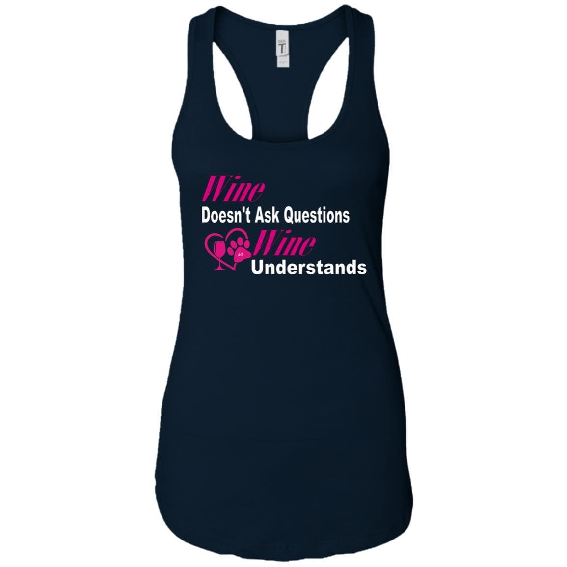 Wine Doesn't Ask Questions Ladies Racerback Tank Top - White & Pink | Comfortable Women's Sleeveless Shirt for Wine Tasting, Girls Night Out & Summer Parties - WineyBitches.co
