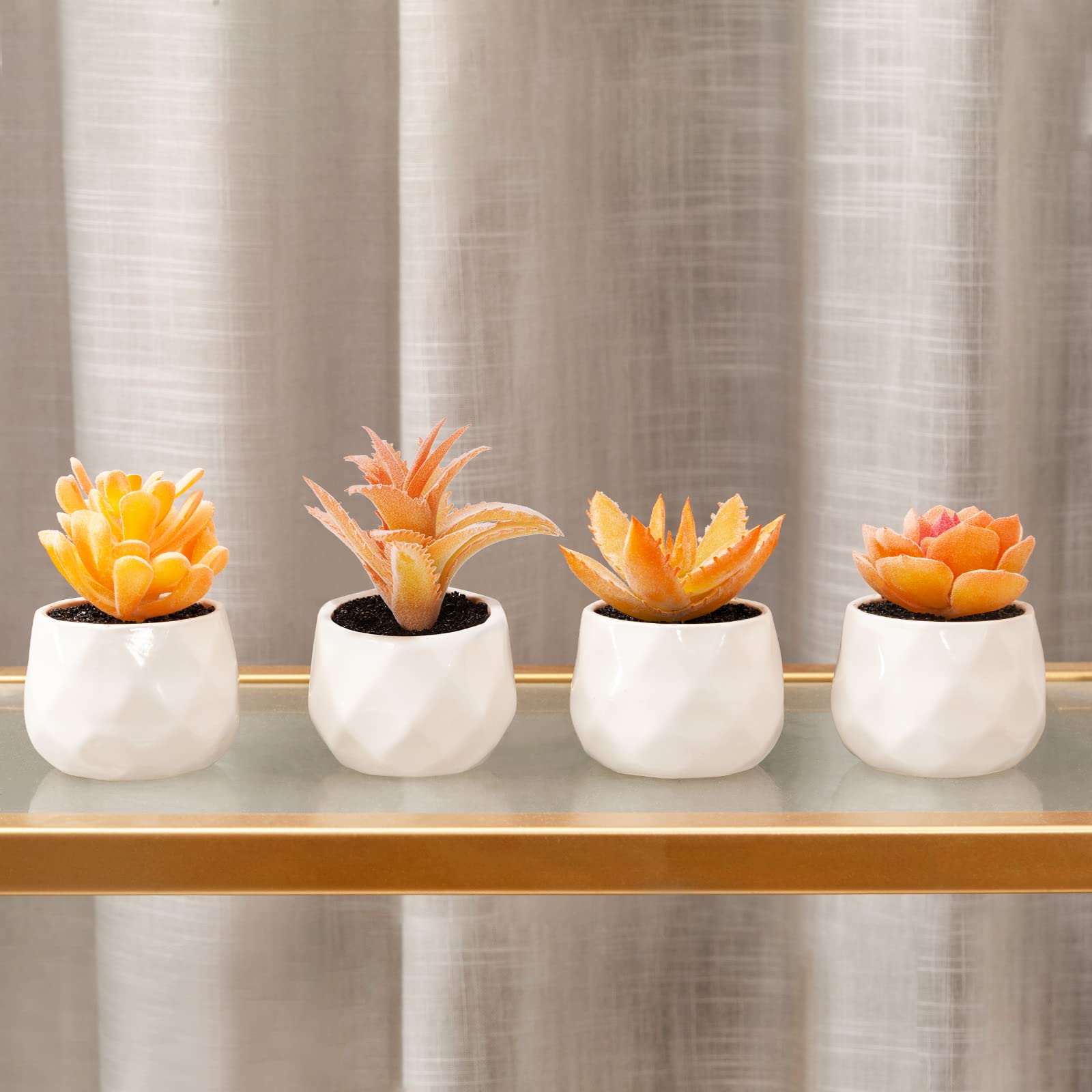 Tiita Artificial Faux Succulents in Mini Orange Pots - 4 Set Realistic Fake Plants for Home & Office Decor - Perfect for Desk, Window Sill, Bathroom, Bedroom & Gift Giving