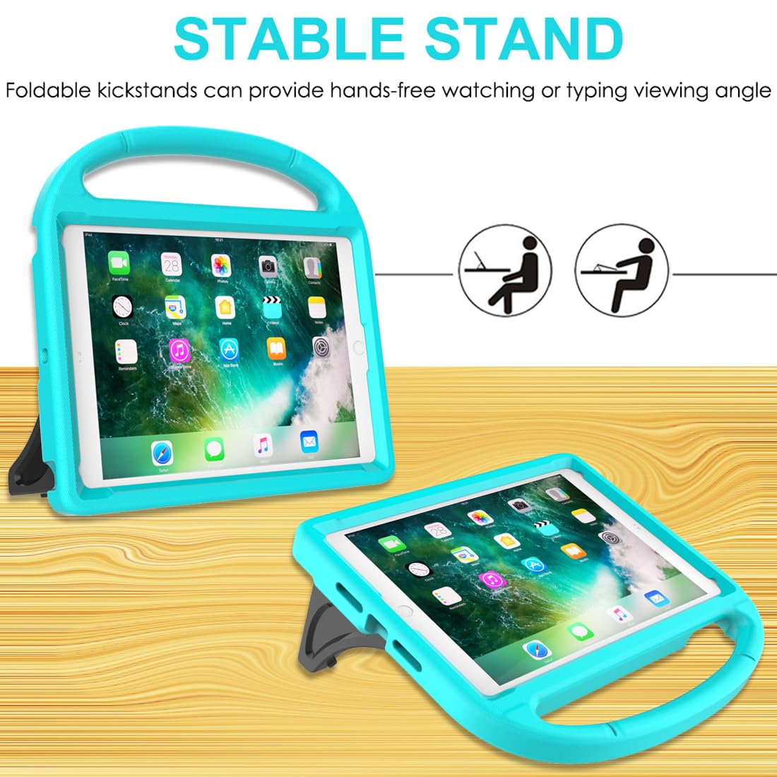 SUPLIK Shockproof Kids iPad Case for iPad 5th/6th Gen 9.7-inch (2017/2018), iPad Air 2 & iPad Pro 9.7 - Durable Protective Cover with Handle Stand & Screen Protector - Perfect for School, Travel & Home Use (Cyan)