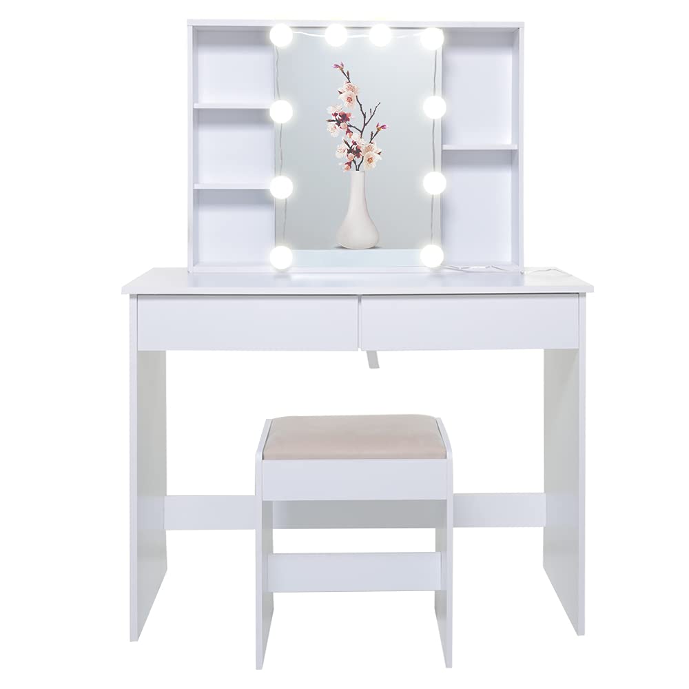 USIKEY Large Vanity Set with 10 LED Lights & Slide Rail Mirror, Makeup Dressing Table with 5 Shelves, 2 Drawers & Cushioned Stool - Perfect for Bedroom, Bathroom & Beauty Salon (White)