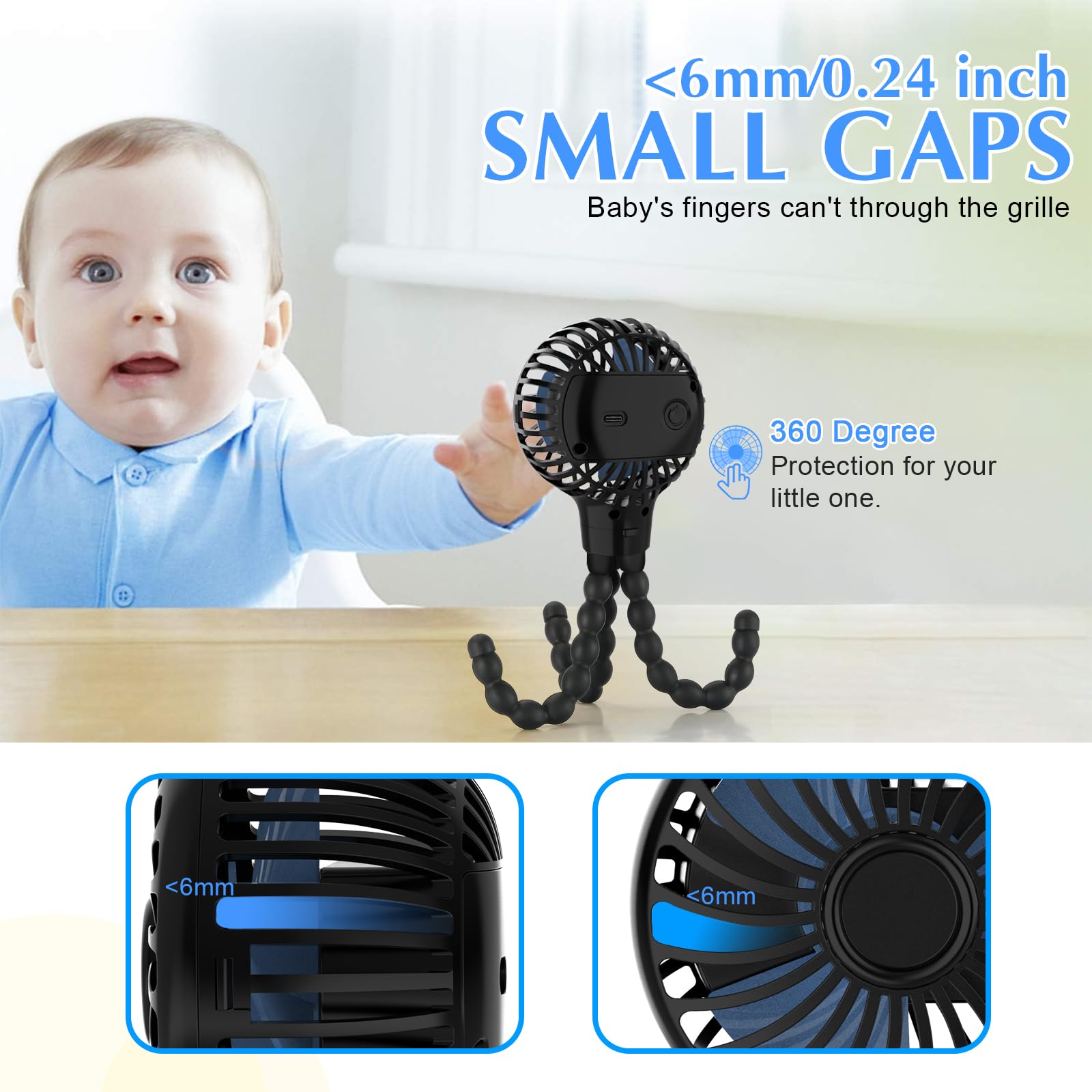 Portable USB Stroller Fan - Mini Handheld Fan with Long Battery Life for Camping, Travel, and Baby Strollers | Clip-On Personal Fan (Blue) - Perfect for Outdoor Activities, Nursery, and On-the-Go Cooling