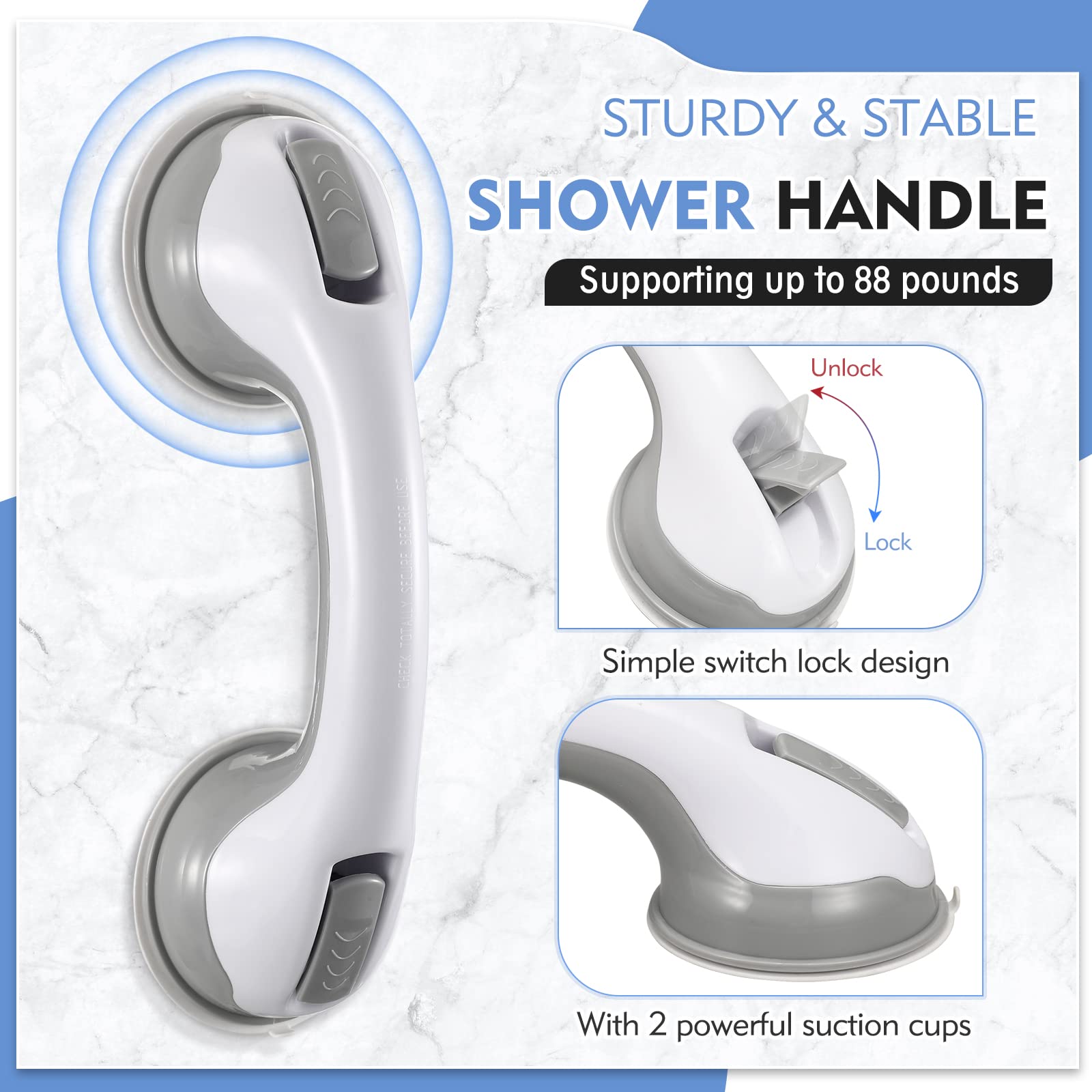 12 Inch Shower Grab Bars with Strong Suction - Bathroom Safety Handle for Seniors & Elderly (2 Pack) - Non-Slip Support for Shower Chairs, Stools & Wet Floors | Ideal for Elderly Care, Disabled Access & Fall Prevention