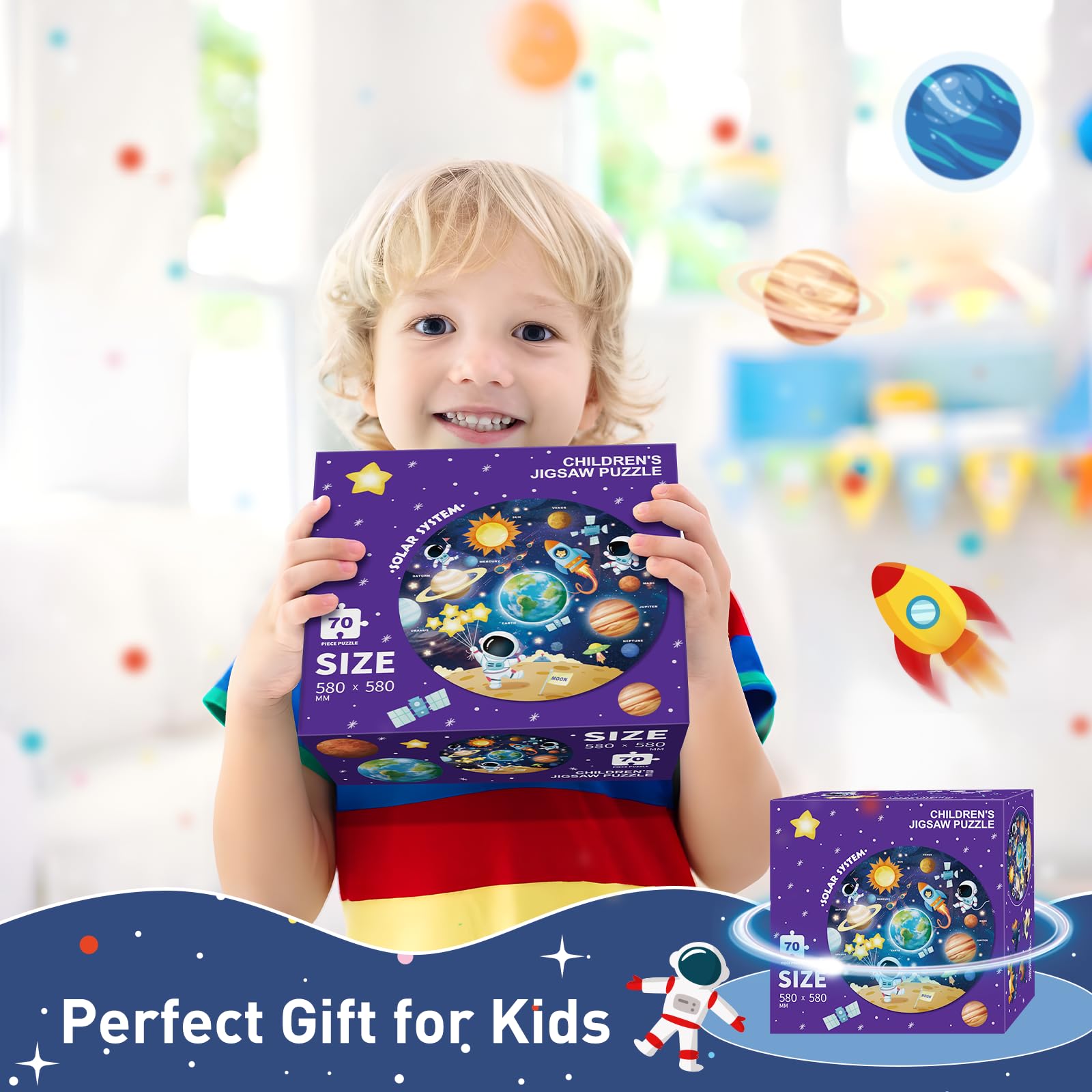 70-Piece Round Jigsaw Puzzle for Kids Ages 3-8 | Educational Floor Toy for Preschool Learning | Solar System Theme for Birthday & Christmas Gifts