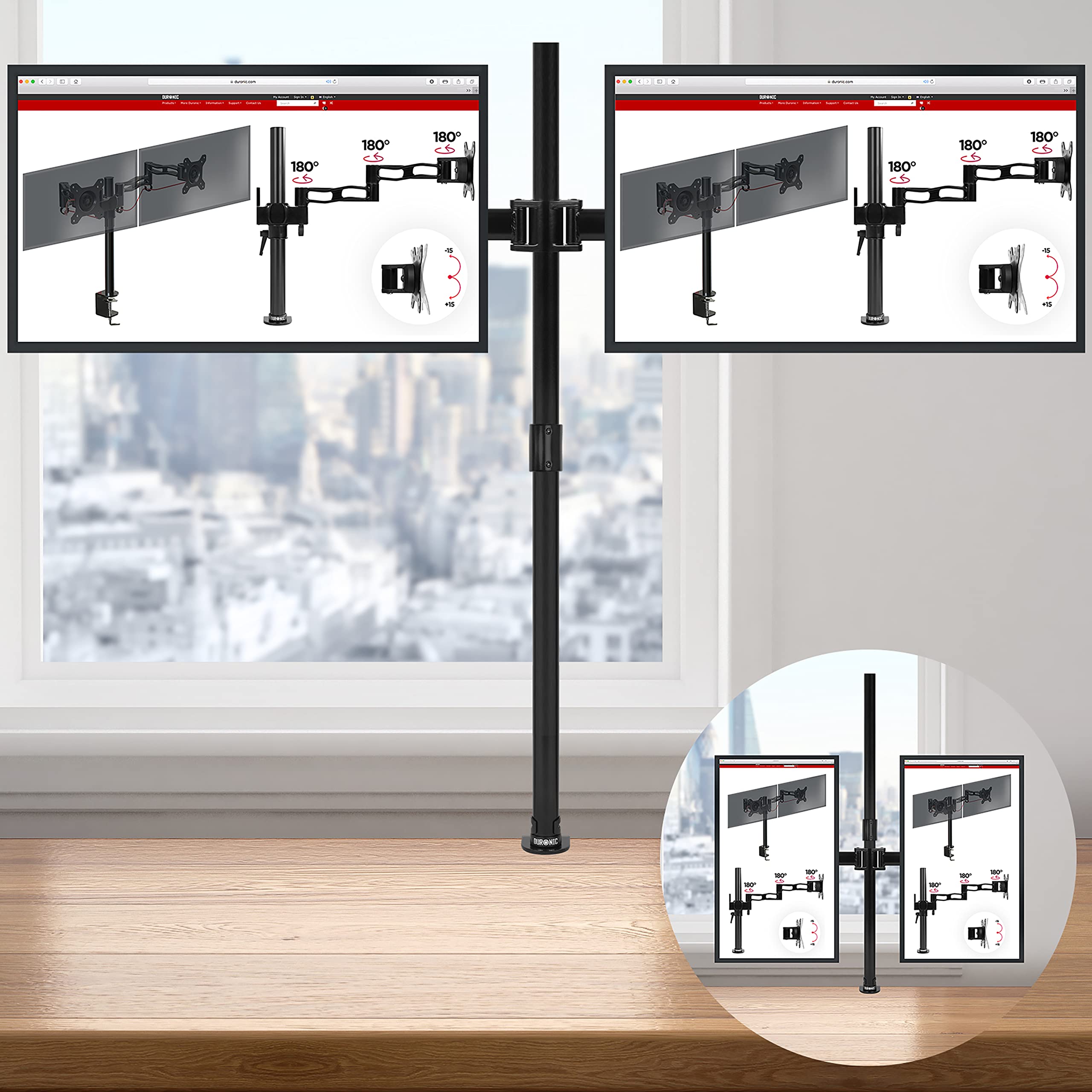 Duronic DMT252 Dual Monitor Stand - Height Adjustable PC Monitor Arm with 100cm Pole, C-Clamp Mount for 13-27