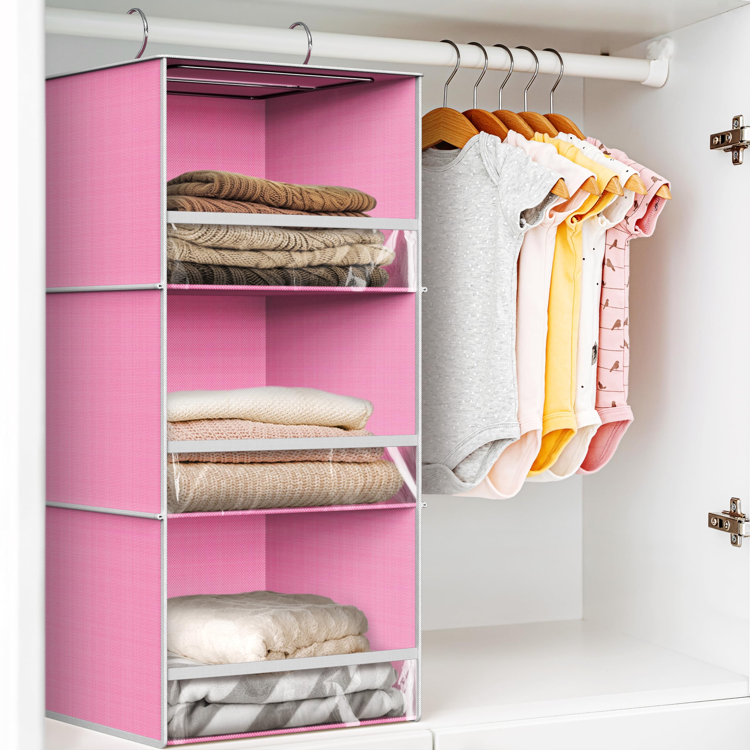 Simple Houseware 3-Tier Hanging Closet Organizer with Front Stopper - Space Saving Storage for Clothes, Shoes & Accessories - Perfect for Bedroom, Closet & Dorm Organization (Pink)