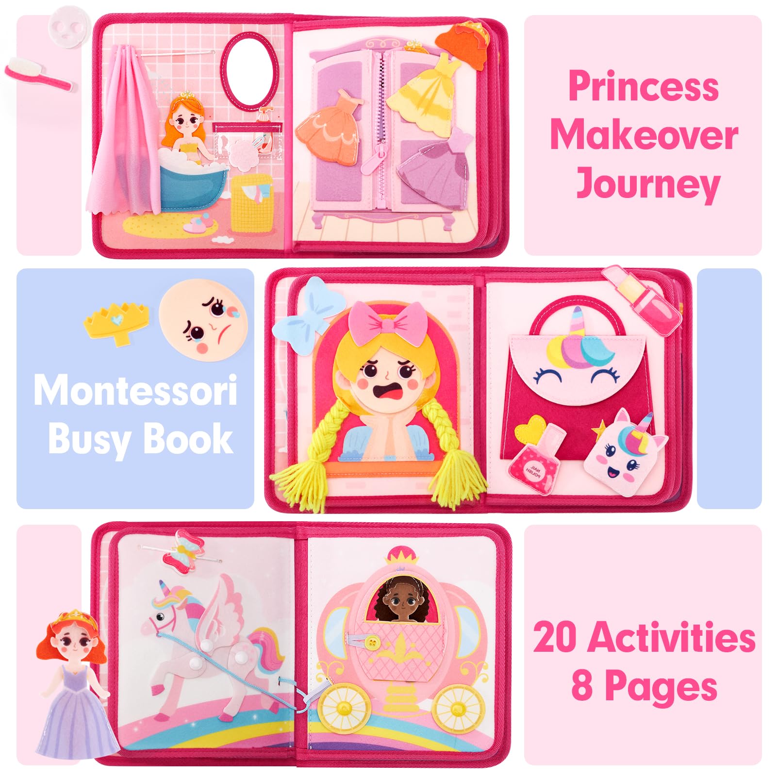 Hahaland Montessori Busy Board for Toddlers Ages 3-5 - Princess Themed Quiet Book & Pretend Play Learning Toy - Perfect Birthday Gift for 3-4 Year Old Girls | Educational Travel Toy for Preschoolers & Sensory Activity for Kids
