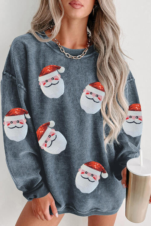 Festive Sequin Santa Patch Ribbed Sweatshirt - Christmas Holiday Pullover for Women & Teens - Perfect for Ugly Sweater Parties & Winter Celebrations