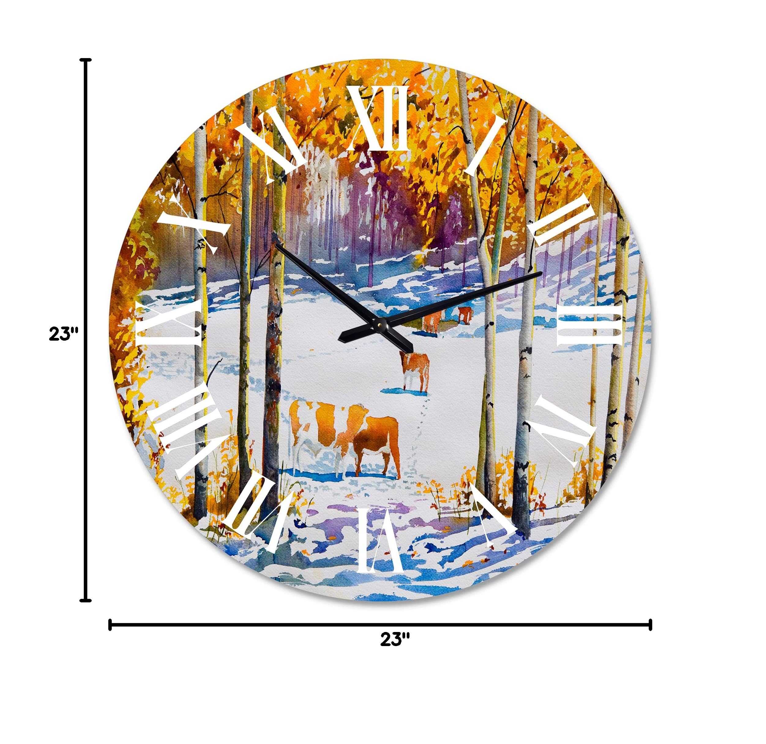 Farmhouse Wall Clock - 'Cattle in Early Snow Forest' Large Rustic Animal Wall Clock for Home, Office & Kitchen Decor | Perfect for Country Living, Cabin & Farmhouse Style Interiors