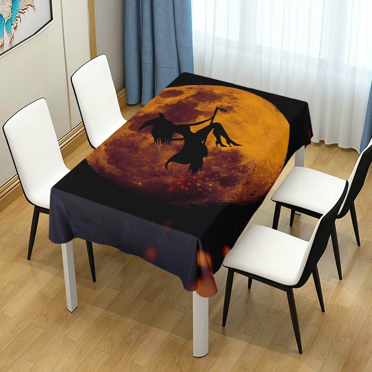 Happy Halloween Witch Silhouette Moon Pattern Tablecloth - 54 x 54 Inch Square Wrinkle-Resistant Table Cover for Dining, Kitchen, Halloween Parties & Home Decor