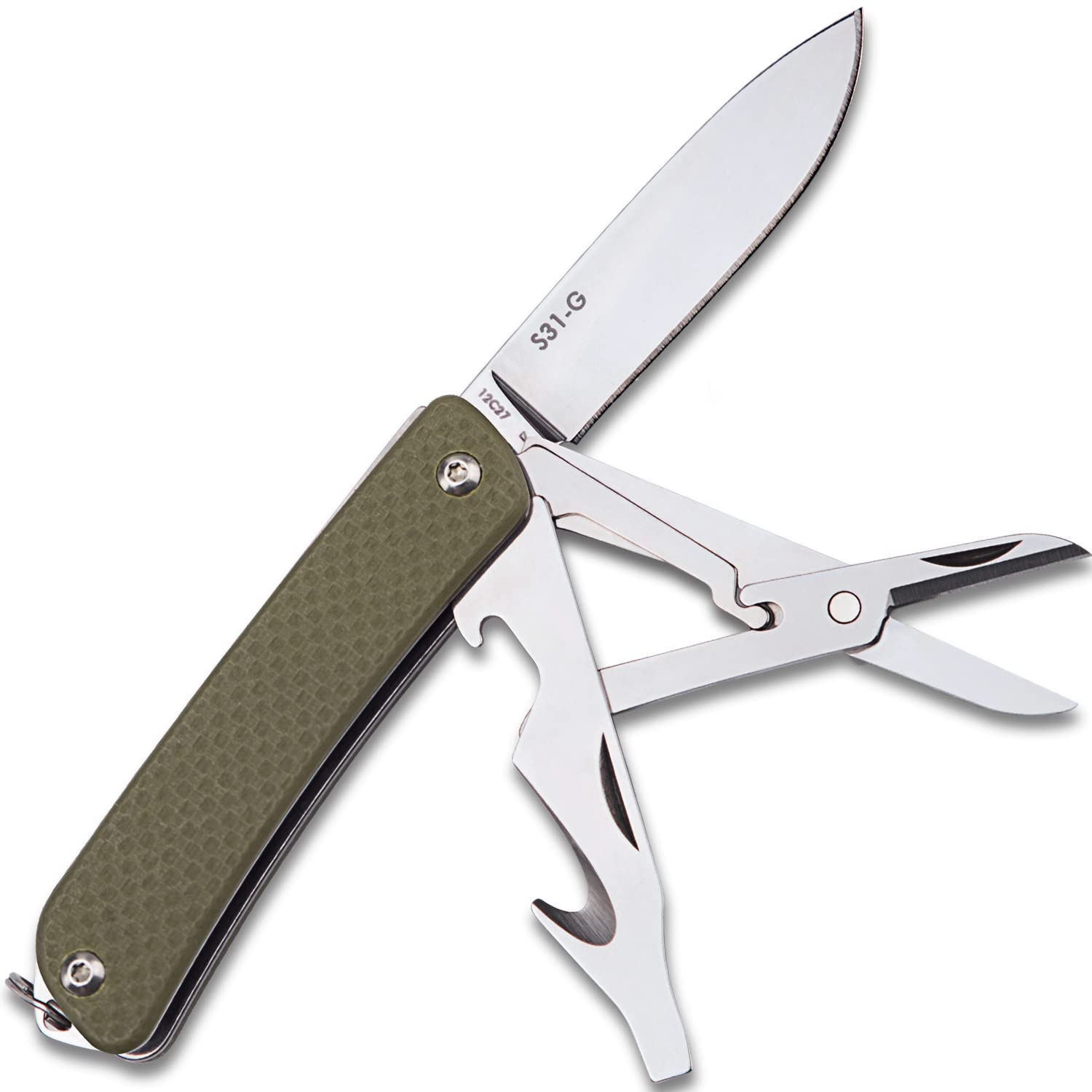 Ruike 6-in-1 Multitool Pocket Knife - Stainless Steel 12C27 Blade with G10 Handle | Compact Folding Keychain Tool with Scissors, Screwdriver & Bottle Opener | Perfect for EDC, Camping, Survival, Hunting & Tactical Gear