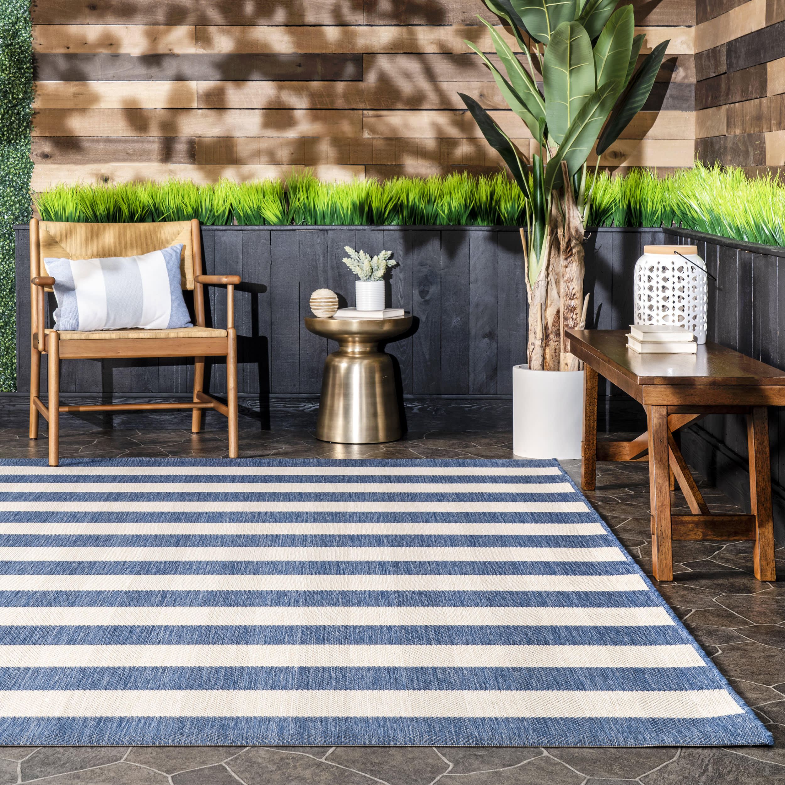 Blue Chevron Stripes Indoor Outdoor Rug - Non-Slip, Washable Area Carpet for Living Room, Bedroom, Patio & Deck