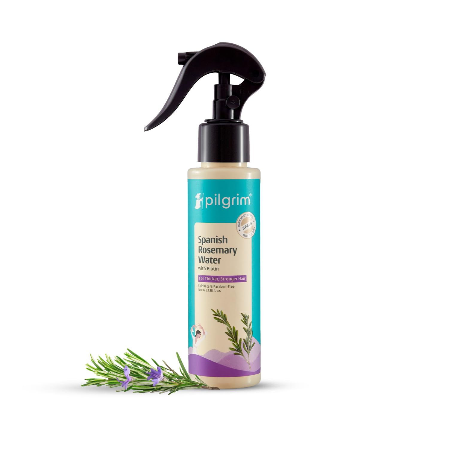 Pilgrim Spanish Rosemary Water Spray with Biotin for Hair Growth - 100ml Natural Hair Spray for Regrowth, Thicker & Stronger Hair - Sulfate & Paraben Free | Perfect for Daily Hair Care, Scalp Hydration & Styling
