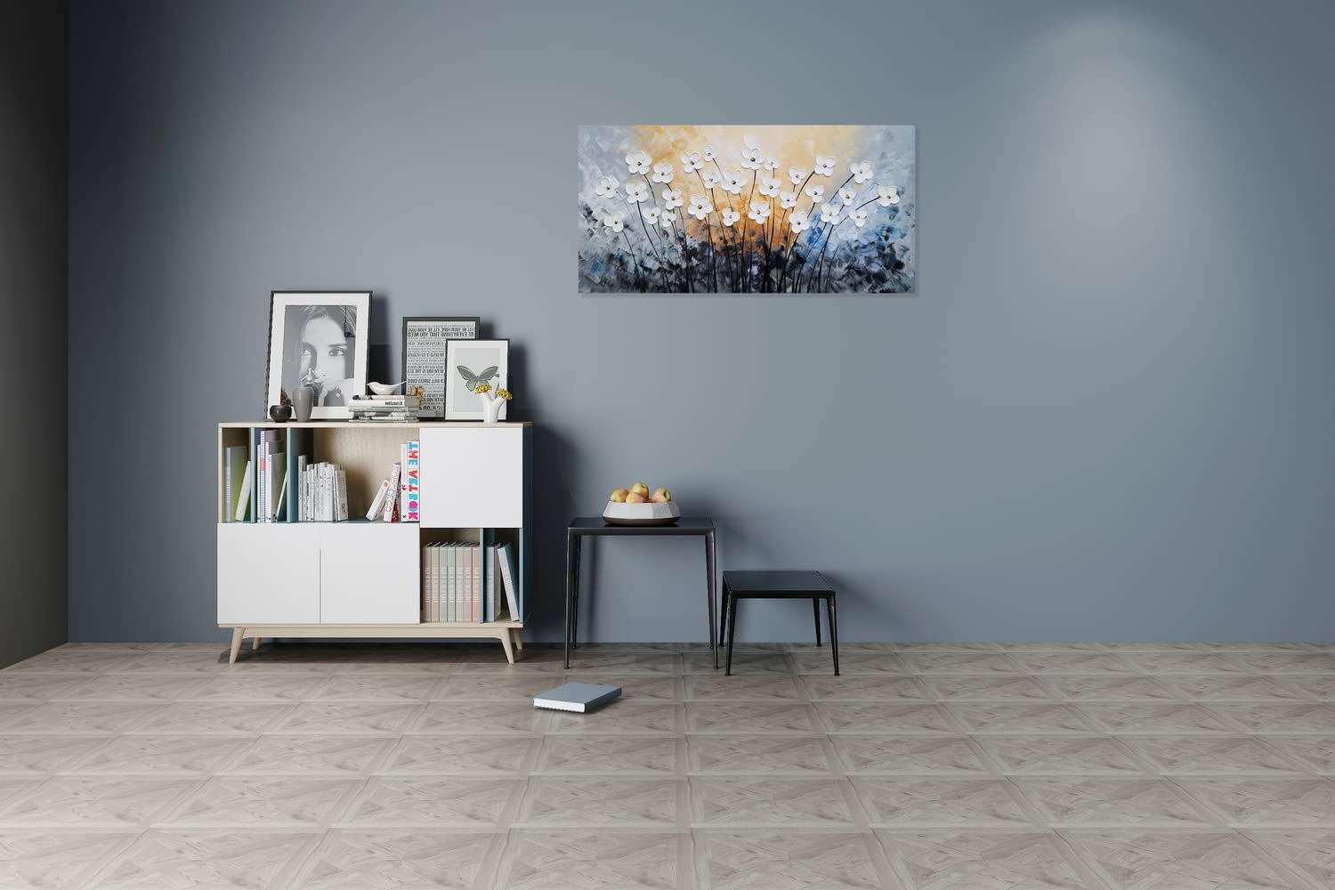 SYGALLERIER White Flower Canvas Wall Art - Hand Painted 3D Oil Painting for Living Room, Farmhouse & Dining Room Decor - Black & Blue Floral Picture - Perfect for Home, Office & Wedding Decorations