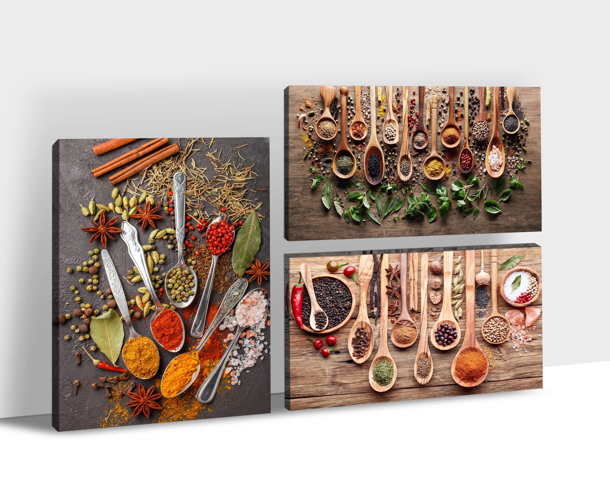 TIMUBA 3-Piece Kitchen Canvas Wall Art Set - Modern Spoon & Spice Photography Wall Decor for Dining Room - Multi Panel Canvas Paintings (12x18 Inch x3) - Perfect for Home, Restaurant & Cafe Decor