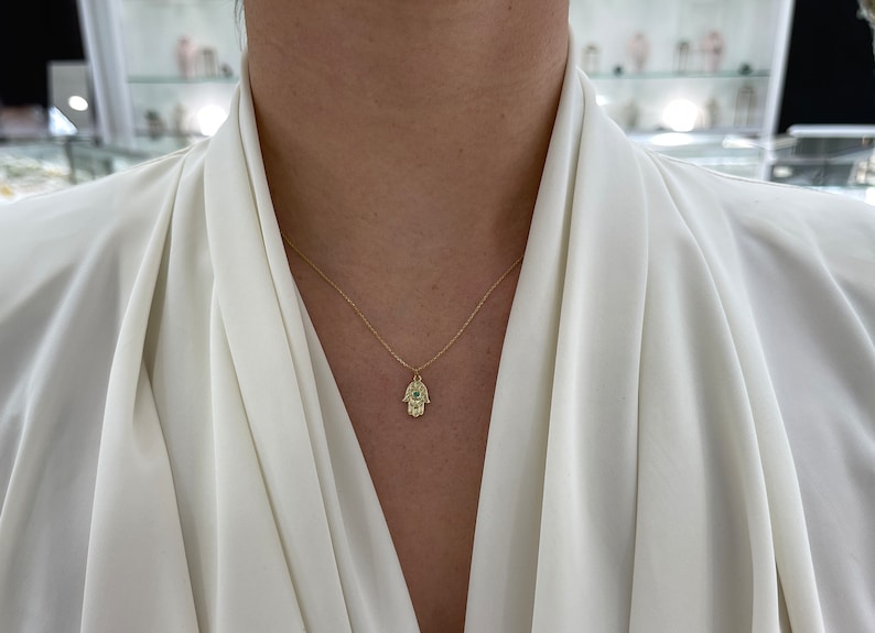 0.07 Carats Natural Real Emerald Hamsa Pendant Necklace - 14K Gold Religious Jewelry for Jewish & Muslim Faith - Perfect for Daily Wear, Gift Giving & Spiritual Protection