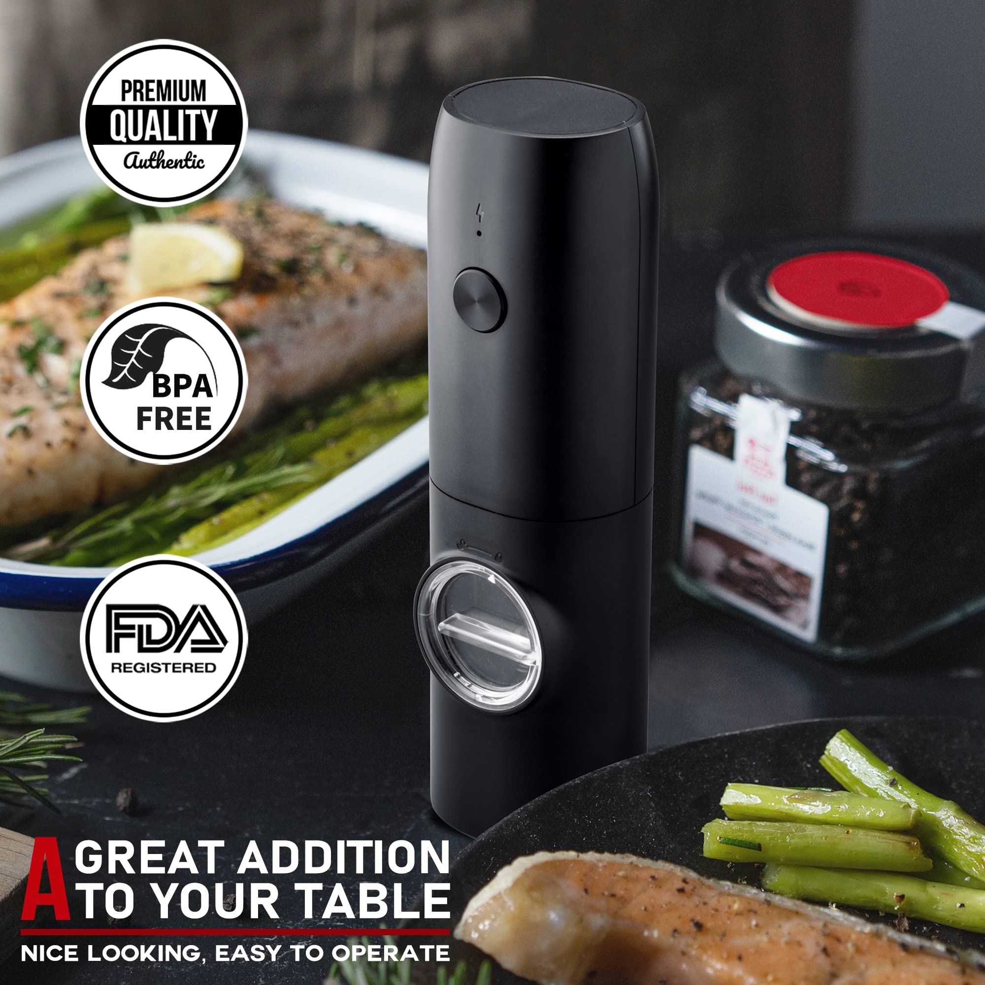 Premium Electric Salt and Pepper Grinder Set - USB Rechargeable Automatic Mill with Adjustable Coarseness & One-Hand Operation | Ceramic Burr Refillable Spice Grinder with LED Light & Charging Base | Perfect for Kitchen, Dining Table & Outdoor BBQ