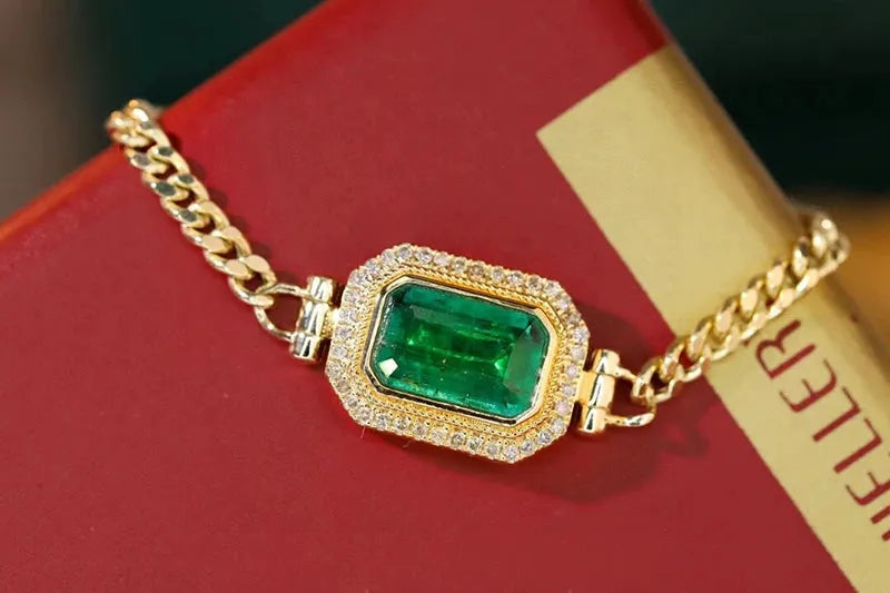 18K Yellow Gold Bracelet with Natural Emerald & Real Diamonds | Elegant Women's Wedding & Engagement Jewelry | Perfect for Bridal, Anniversary & Special Occasion Gifts