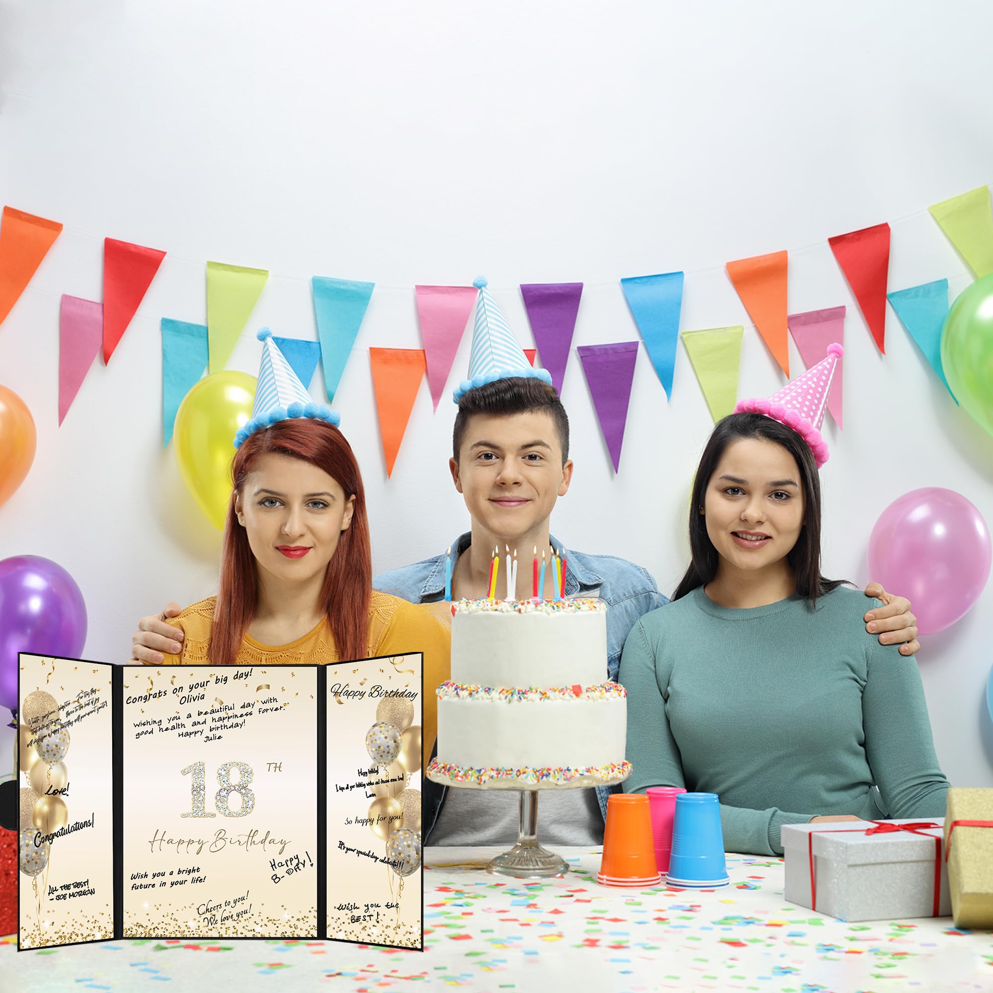 DARUNAXY Black Gold 18th Birthday Party Decorations Set - Happy 18th Birthday Guest Book Alternative for Boys & Girls - Cheers to 18 Years Old Signing Board - Perfect for Milestone Celebrations, Graduation Parties & Adulting Gifts