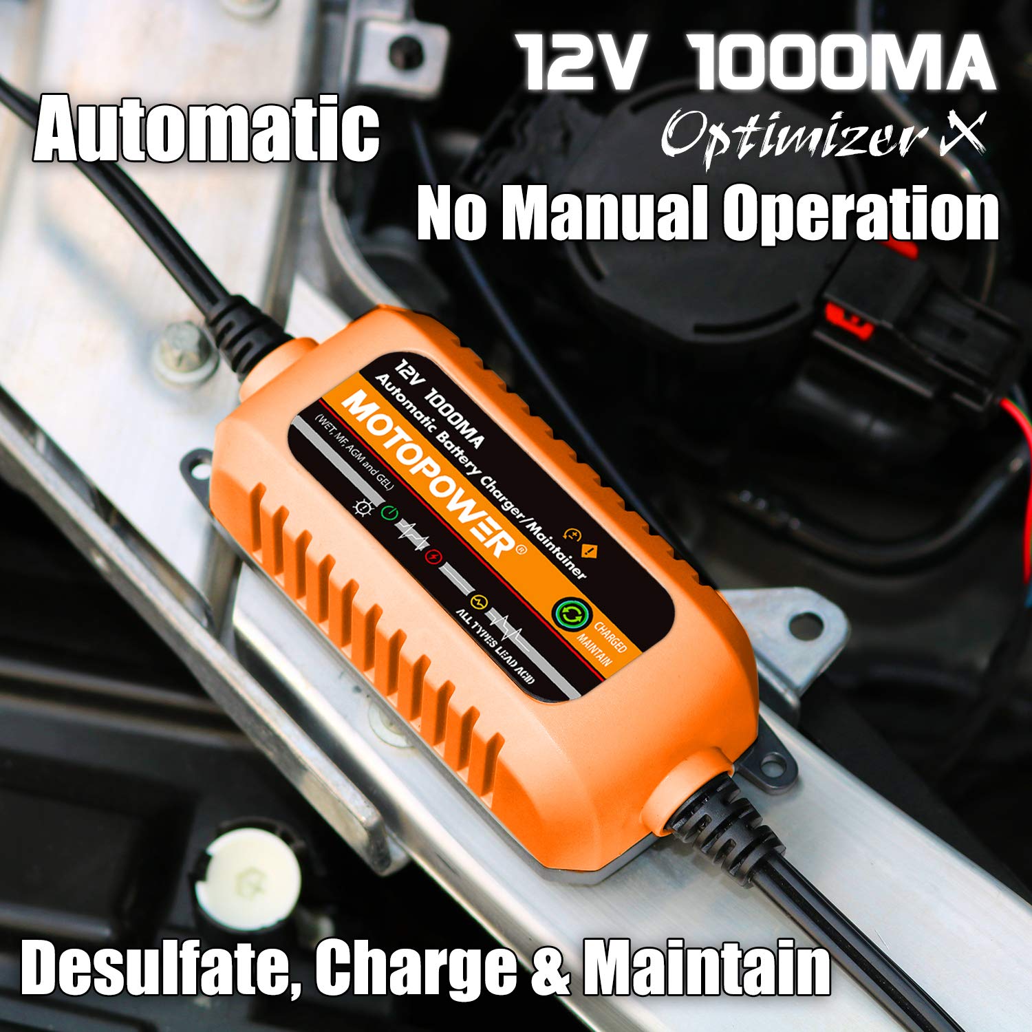 MOTOPOWER 12V 1000mA Automatic Battery Charger - Smart Battery Maintainer & Desulfator with Timer Protection - Perfect for Cars, Motorcycles, ATVs & Marine Batteries