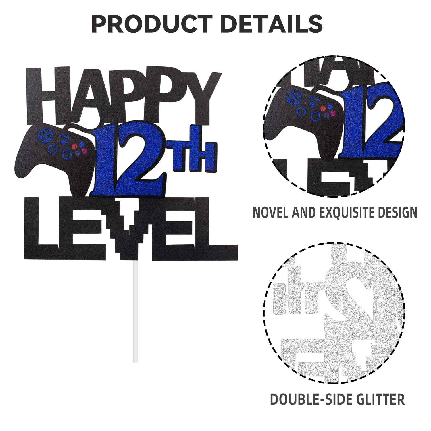Happy 12th Birthday Video Game Cake Topper - Glitter Gamer Level 12 Unlocked Party Decoration for Gaming Themed Cakes - Perfect for Birthday Parties, Gaming Celebrations & Streamer Events