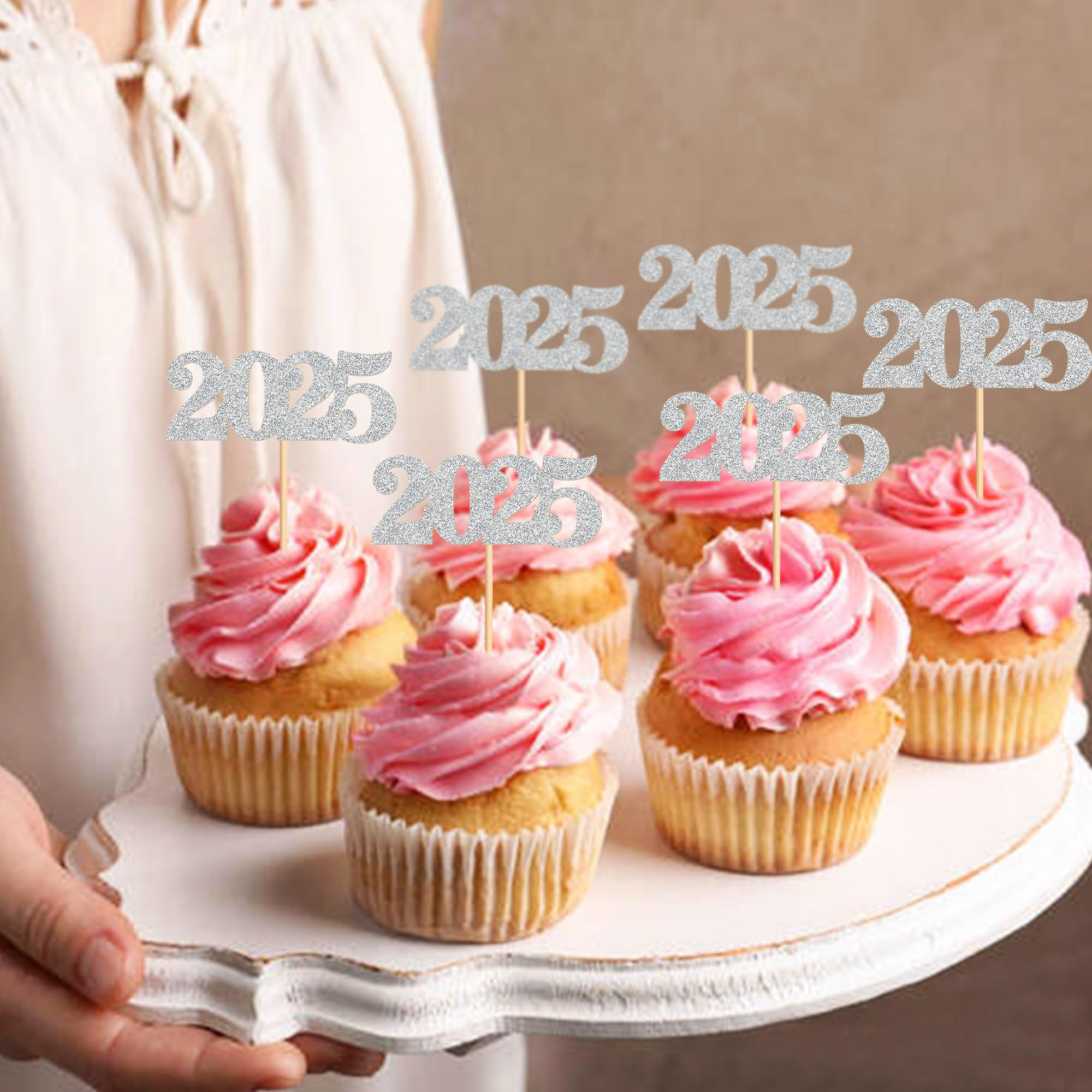 40 Pcs Silver Glitter New Year Cupcake Toppers 2025 - Cheers to 2025 Cake Picks for New Year's Eve Party Decorations - Perfect for Birthday, Wedding, and Holiday Celebrations