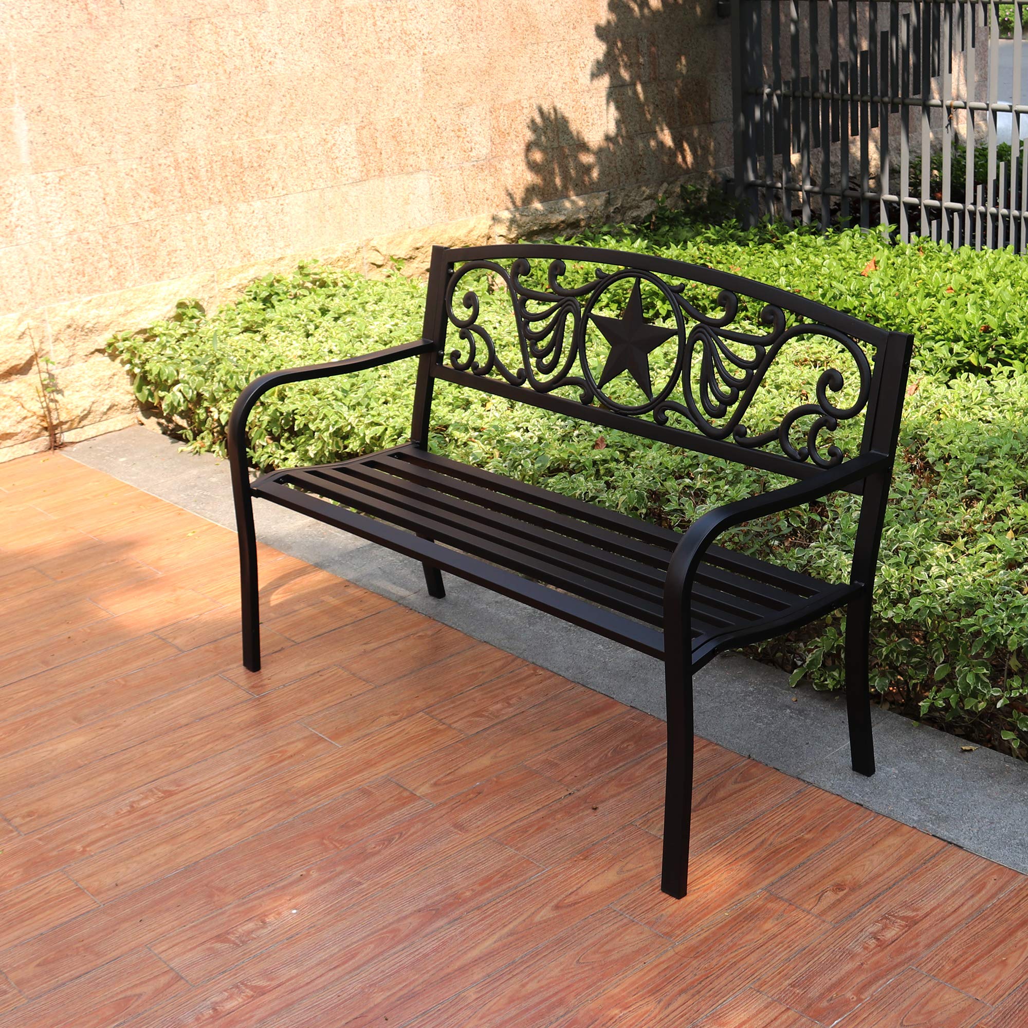 4.1 Ft Steel Frame Garden Bench - Outdoor Patio Chair with Star Design, 2-Person Loveseat for Yard, Park & Backyard Seating | Durable Slatted Seat Backrest | Perfect for Gardens, Decks, Poolside & Outdoor Relaxation