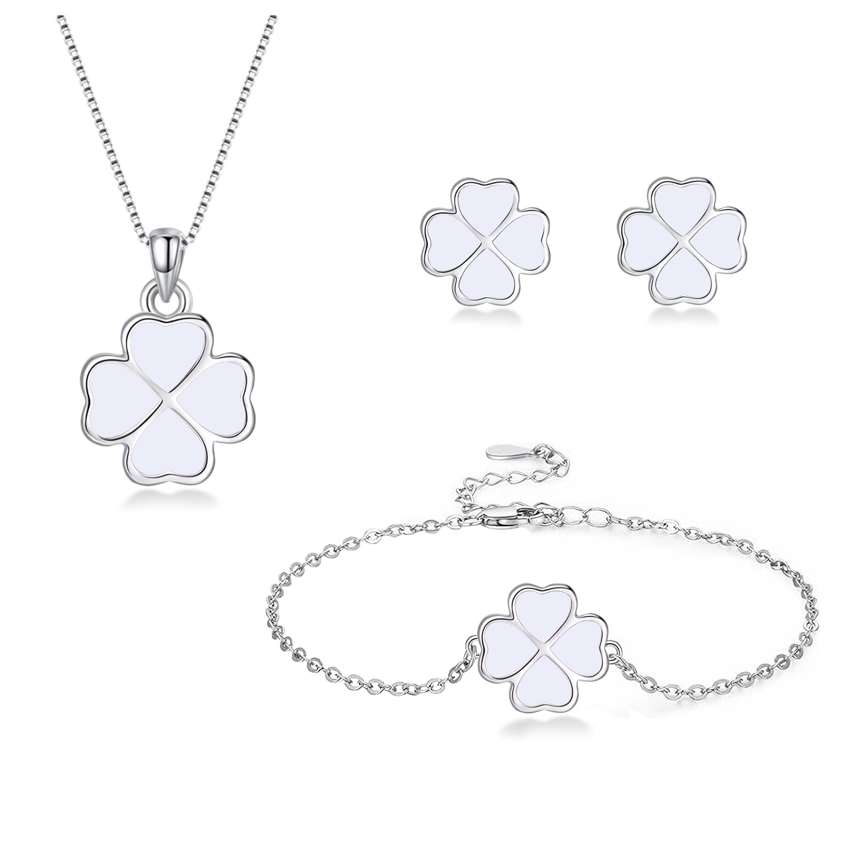 Cangall 3PCS 925 Sterling Silver Four Leaf Clover Jewelry Set - Lucky Love Shamrock Necklace, Bracelet & Earrings for Women | Perfect Gift for Birthday, Christmas, St. Patrick's Day | Everyday Wear & Special Occasions