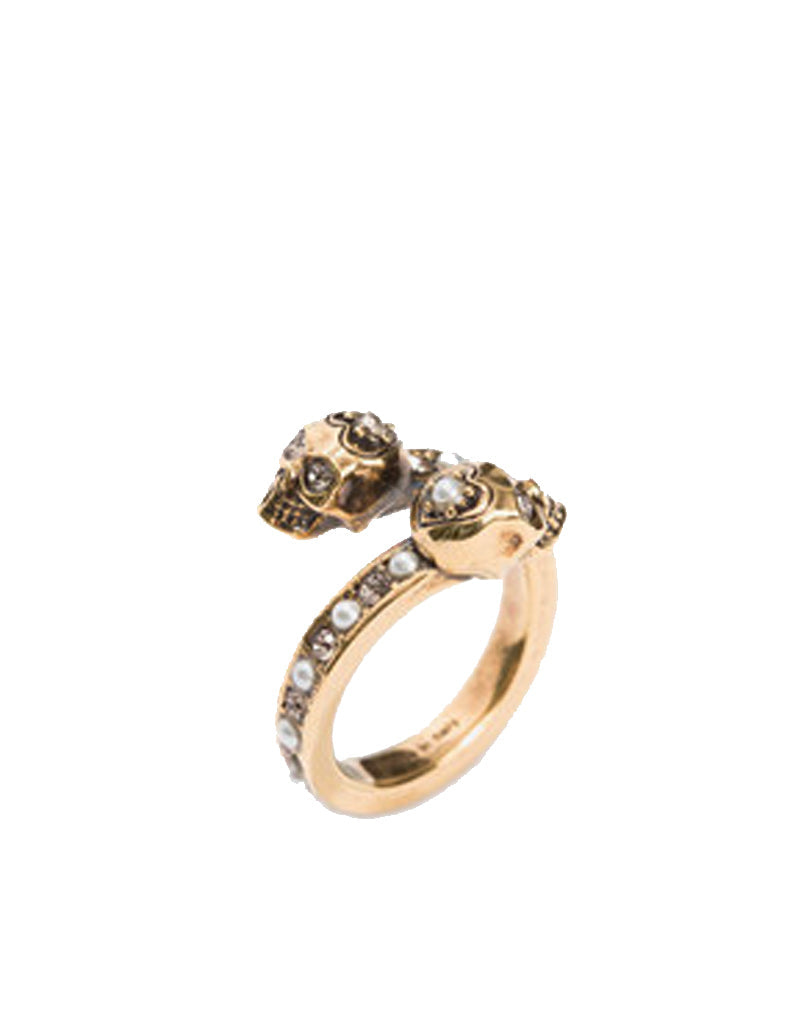 Stylish Gold Twin Skull Pearl Band Ring for Women & Men | Gothic Jewelry for Halloween, Parties & Everyday Fashion