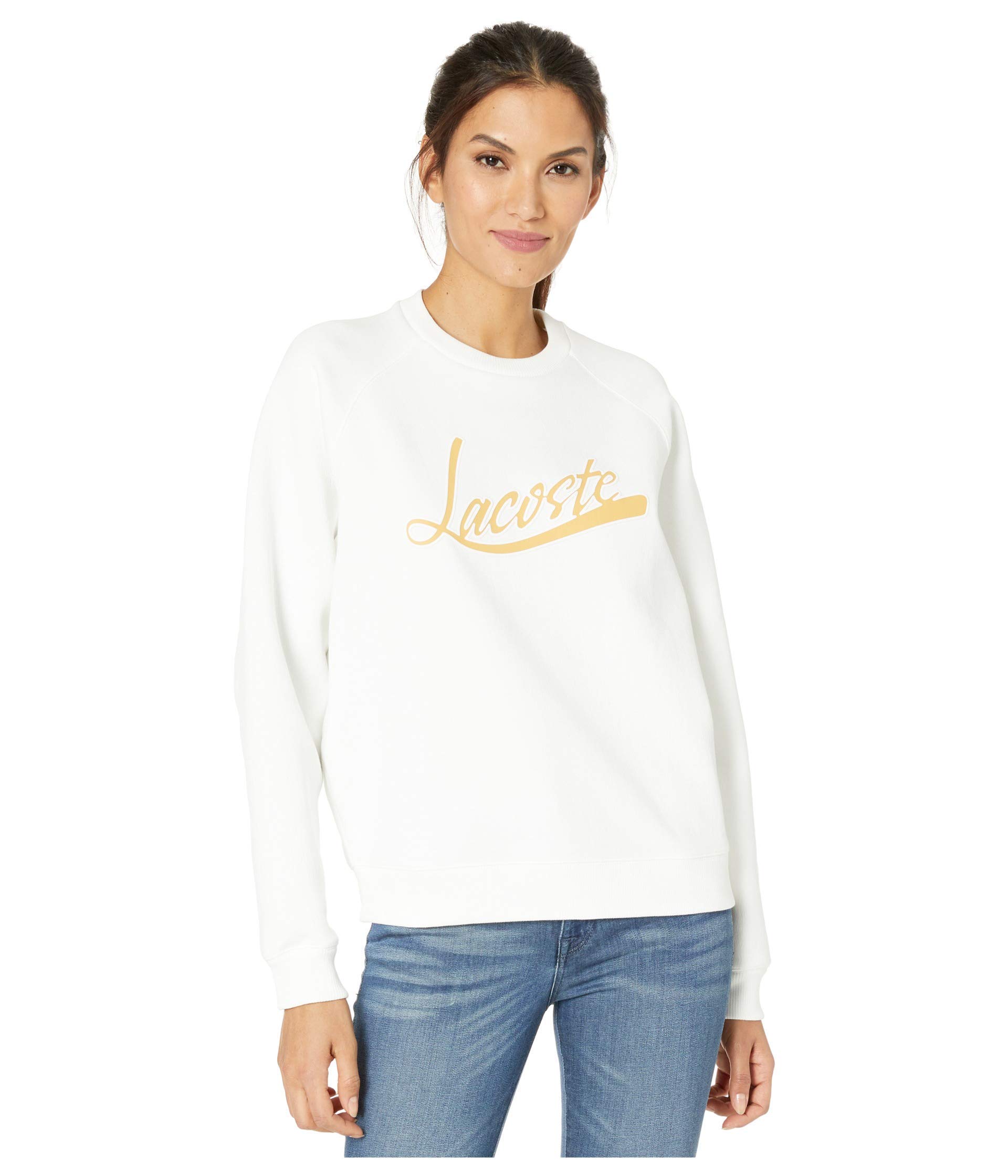 Lacoste Women's Calligraphy Graphic Crewneck Sweatshirt | Casual Pullover Sweater for Women | Perfect for Everyday Wear, Outings & Lounge Comfort