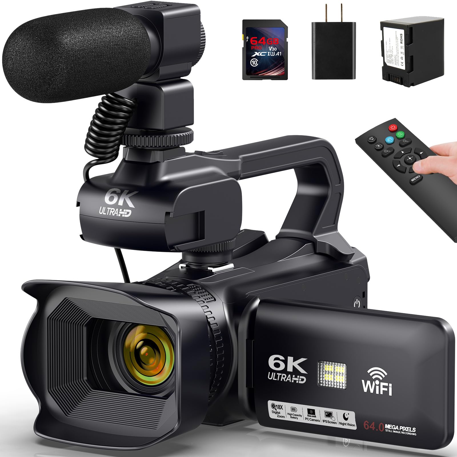 6K 64MP Digital Video Camera Camcorder with 18X Zoom, IR Night Vision & WiFi - 4.0