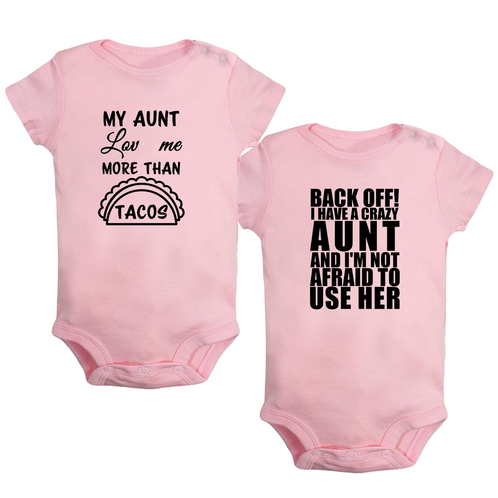 iDzn Pack of 2 Funny Baby Romper Bodysuits - 'Back Off! I Have A Crazy Aunt' & 'My Aunt Loves Me More Than Tacos' Infant Jumpsuit Outfits for Newborns, Photo Shoots & Family Gatherings