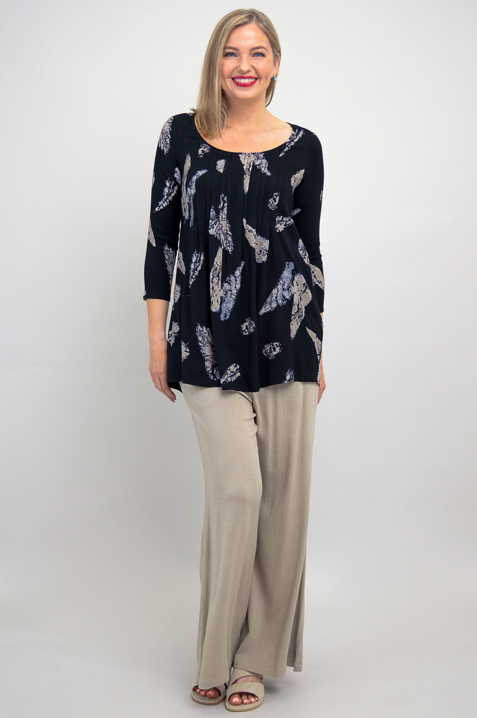 Harper Top Women's Linen Bamboo Blouse with Leaf Shadow Print - Breathable Summer Tunic for Casual Outings & Beach Vacations