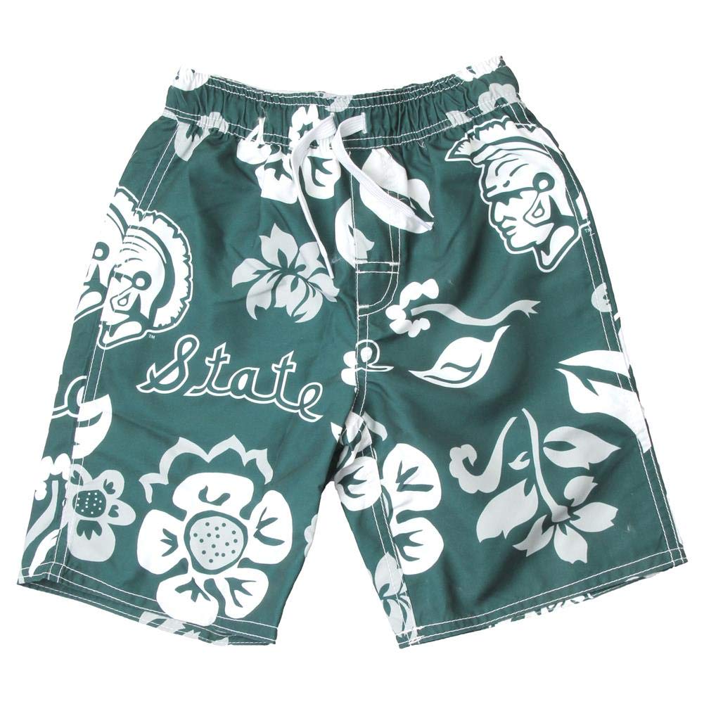 Wes and Willy Boys Floral Swim Trunks - Michigan State University Themed Youth Swim Shorts for Pool, Beach & Summer Water Activities