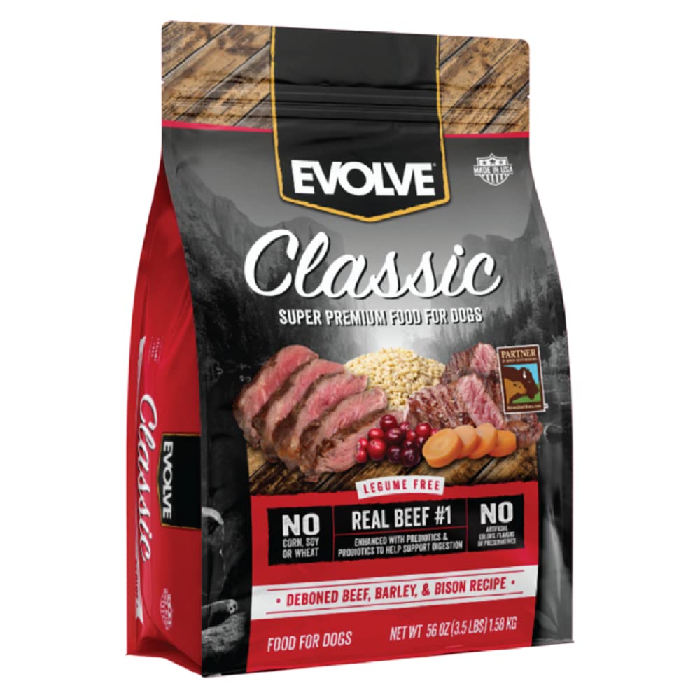 Evolve Pet Food Classics Deboned Beef, Barley & Bison Recipe Dry Dog Food - 3.5 lb Bag | High Protein Grain-Inclusive Kibble for Adult Dogs | Perfect for Active & Large Breed Dogs at Home or Travel