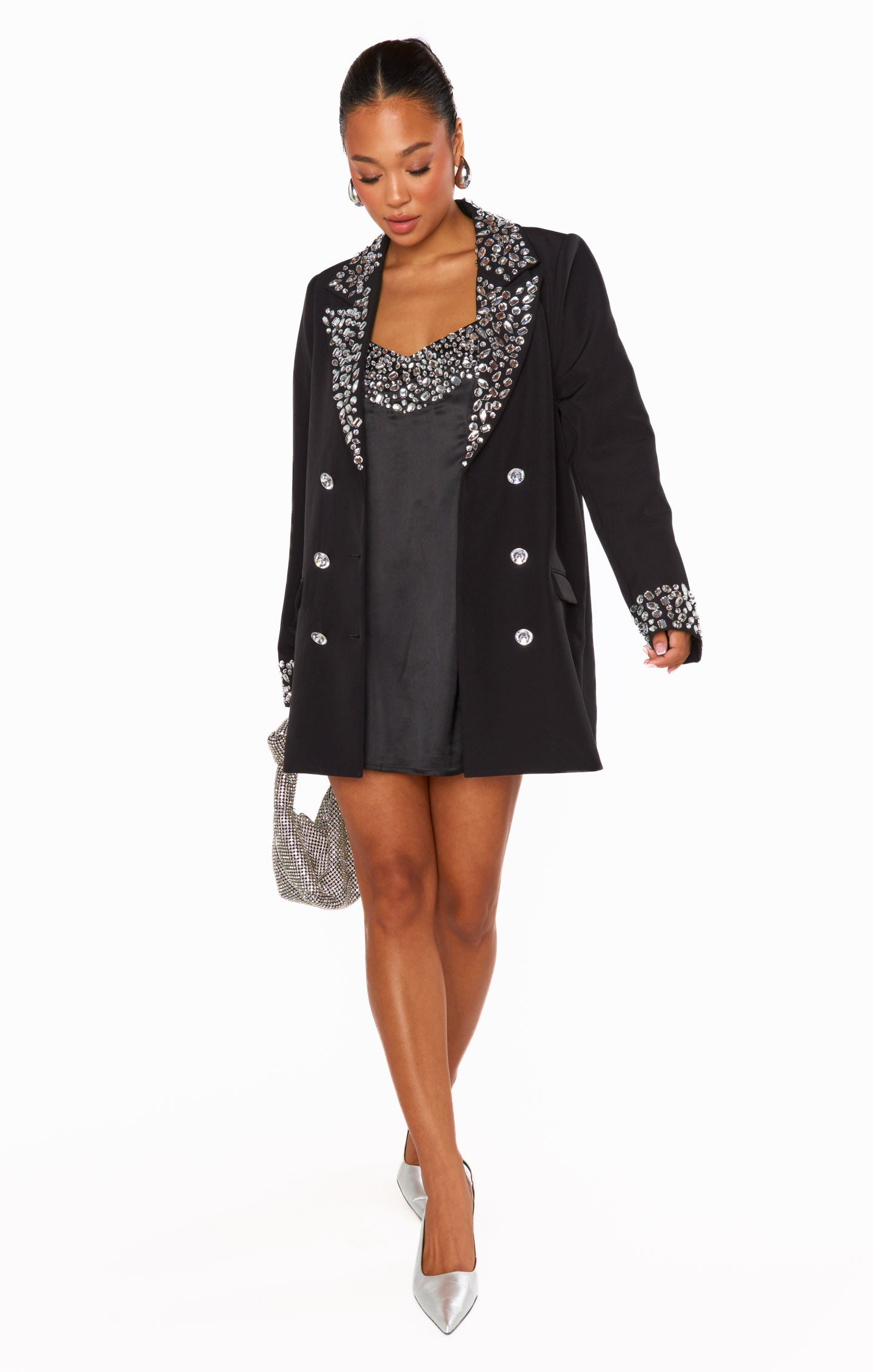 Sparkly Black Blazer Dress with Jeweled Details - Elegant Evening Wear for Parties & Special Occasions