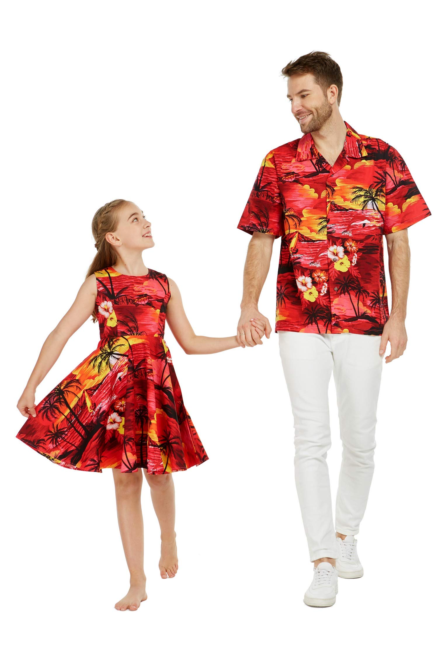 Vintage Hawaiian Luau Matching Father Daughter Dance Shirts - Sunset & Dolphin Print Aloha Outfits for Beach Party, Family Vacation & Tropical Themed Events