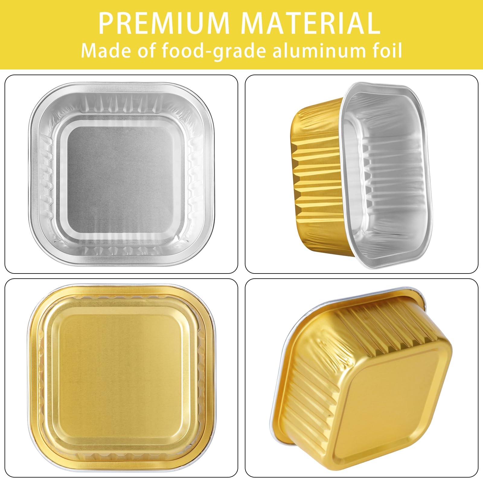 HEYYUMI 50-Pack 5oz Aluminum Foil Mini Square Baking Cups with Lids - Disposable Ramekins, Muffin Tins & Dessert Containers for Cheesecake, Brownies, Flans - Perfect for Home Baking, Parties & Meal Prep