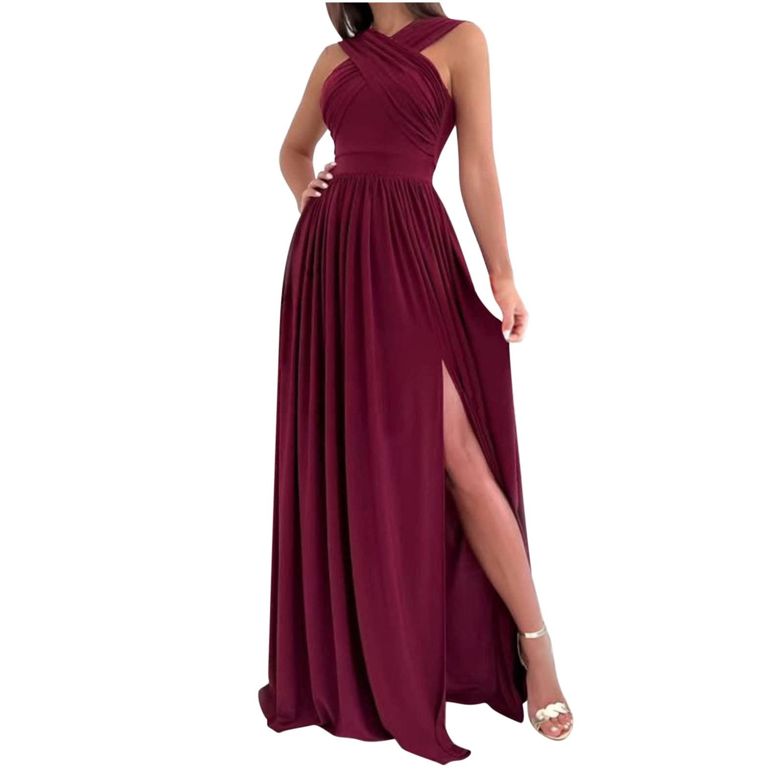 Sexy Women's Wrap Neck Maxi Dress - Sleeveless Crossover V-Neck Long Dress with High Slit for Wedding Guest, Party & Evening Occasions