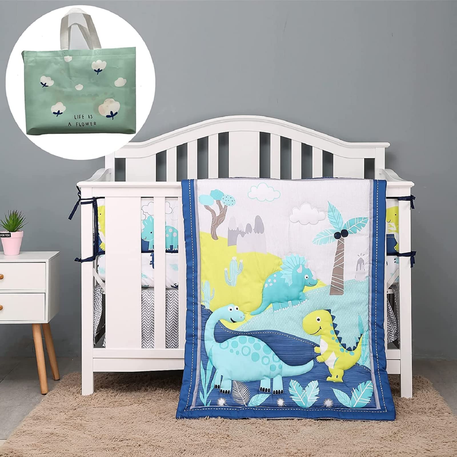 8-Piece Soft Crib Bedding Set for Baby Nursery - Includes 4 Side Cushions, Quilt, Fitted Sheet, Pillowcase & Skirt - Dinosaur Theme for Boys & Girls - Perfect for Newborns, Infants & Toddlers (Ideal for Nursery Decor, Baby Showers & Cozy Sleep)