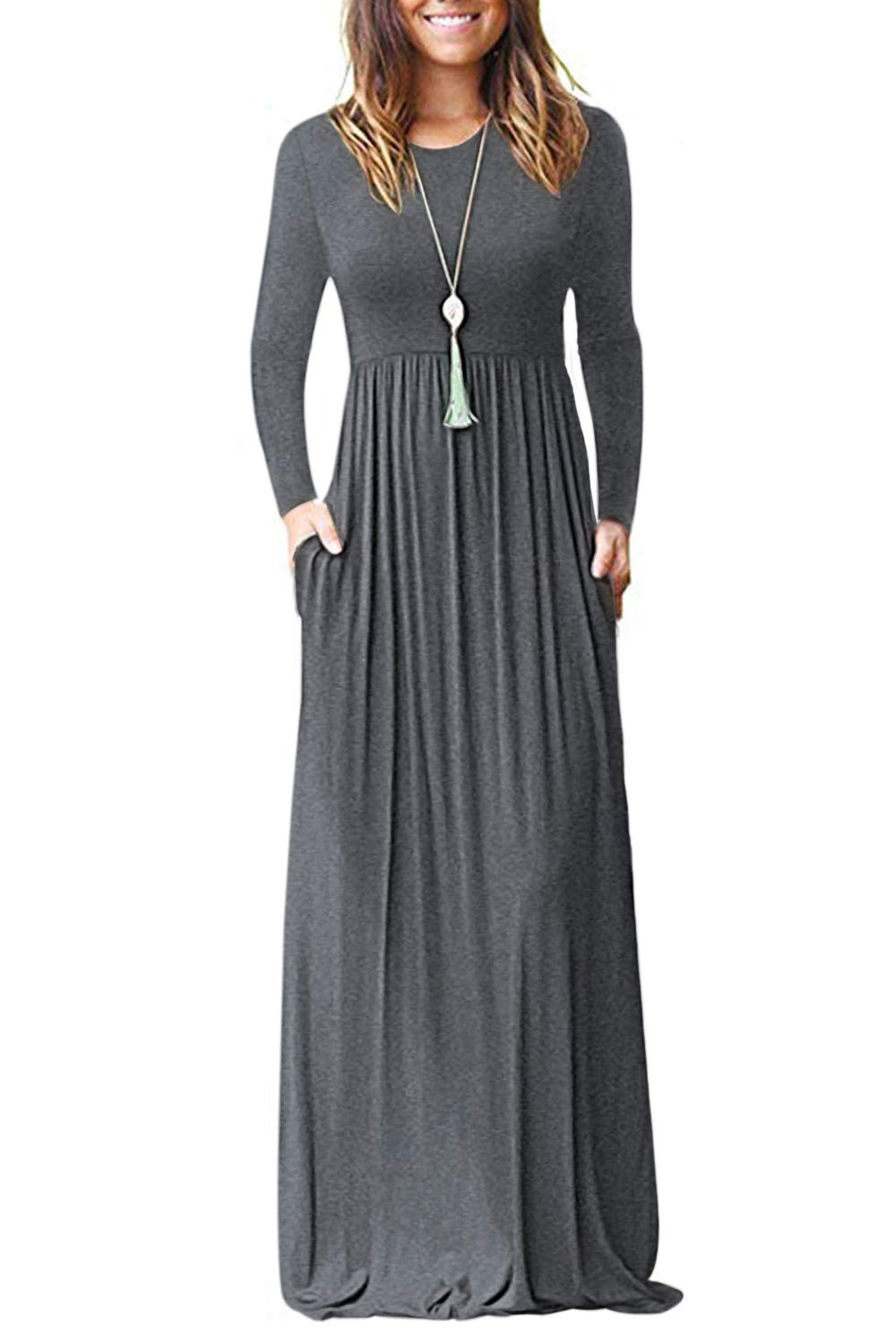 AUSELILY Women's Long Sleeve Loose Plain Maxi Dress with Pockets - Casual Flowy Midi Dress for Everyday Wear, Beach Cover Up, or Date Night Outfit